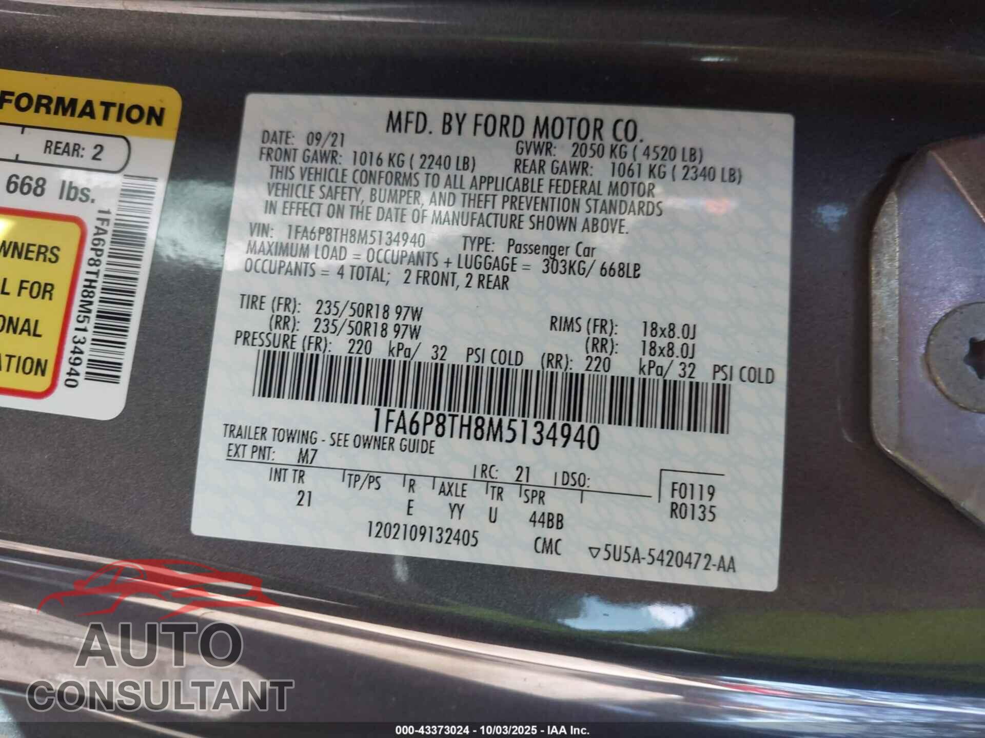 FORD MUSTANG 2021 - 1FA6P8TH8M5134940