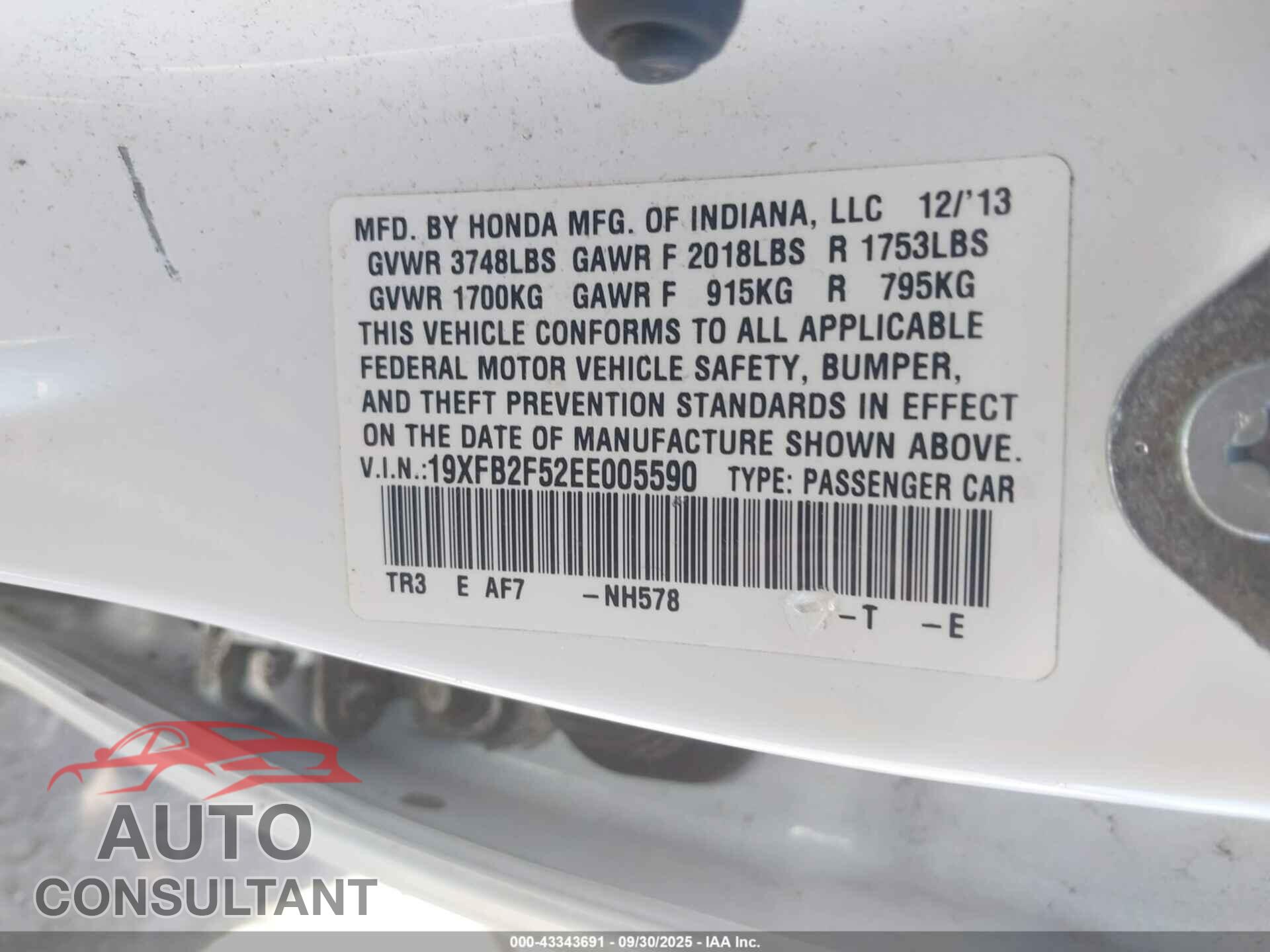 HONDA CIVIC 2014 - 19XFB2F52EE005590