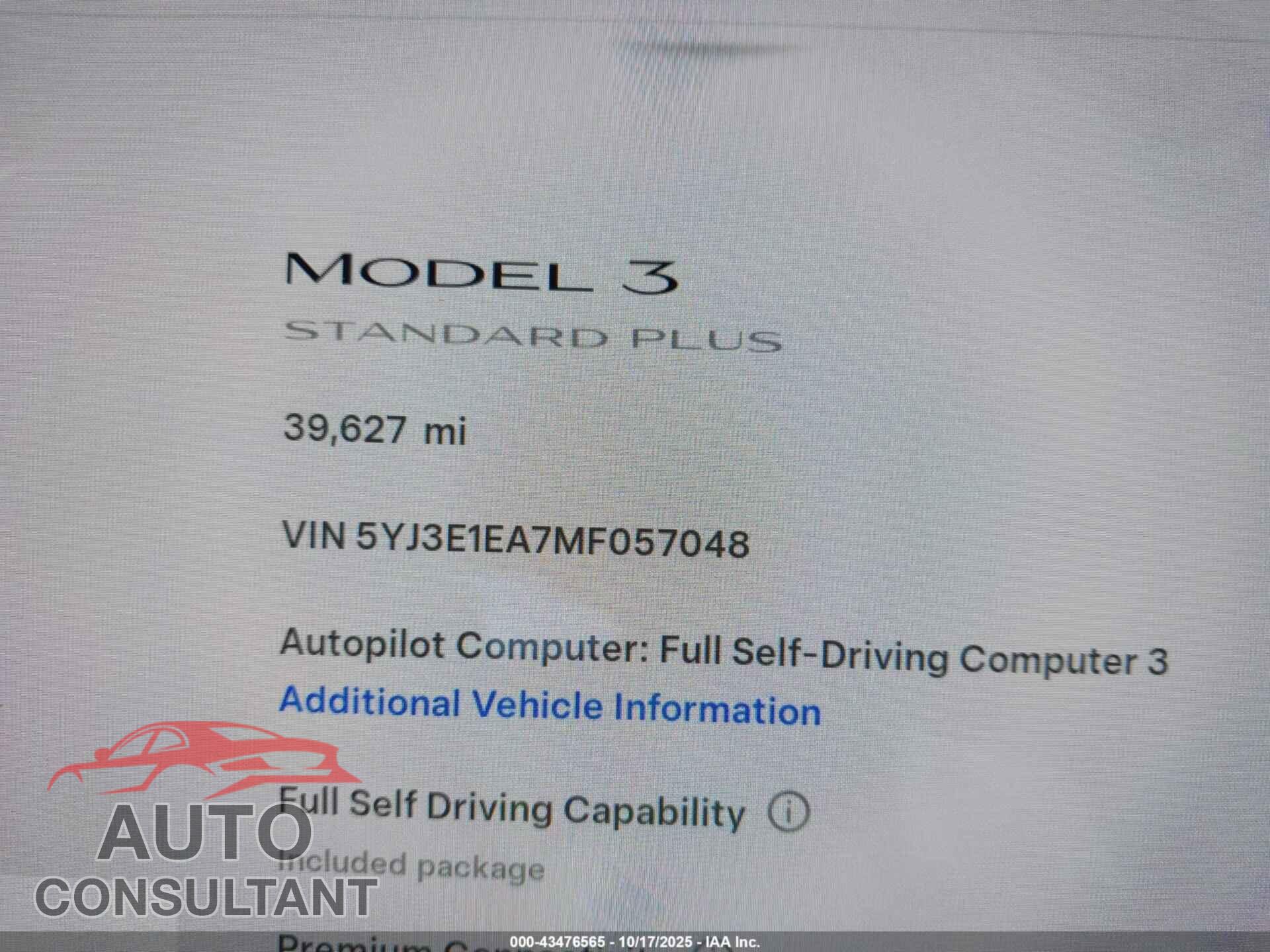 TESLA MODEL 3 2021 - 5YJ3E1EA7MF057048