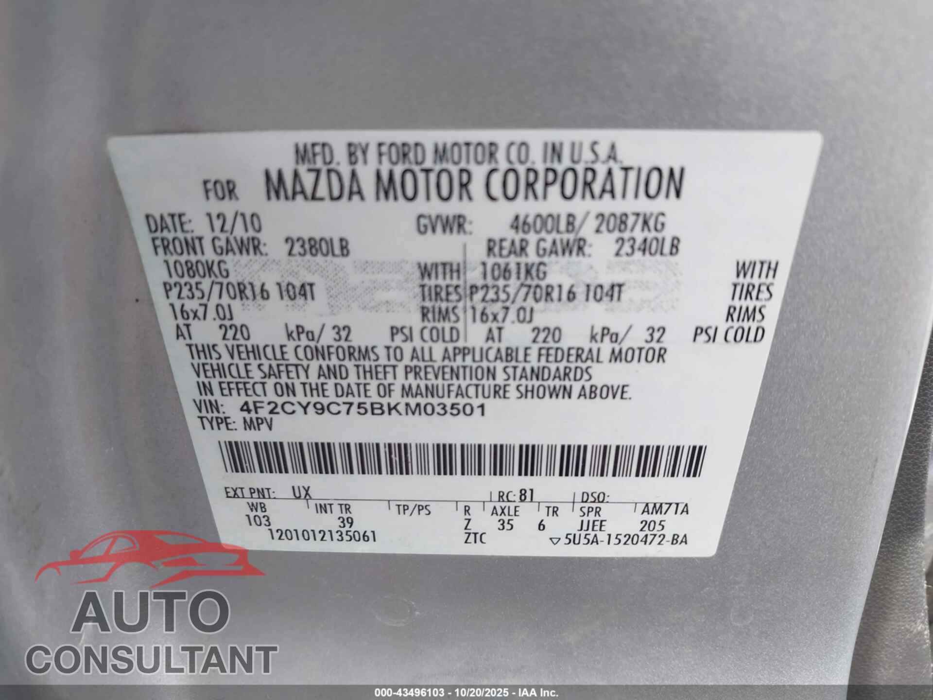 MAZDA TRIBUTE 2011 - 4F2CY9C75BKM03501