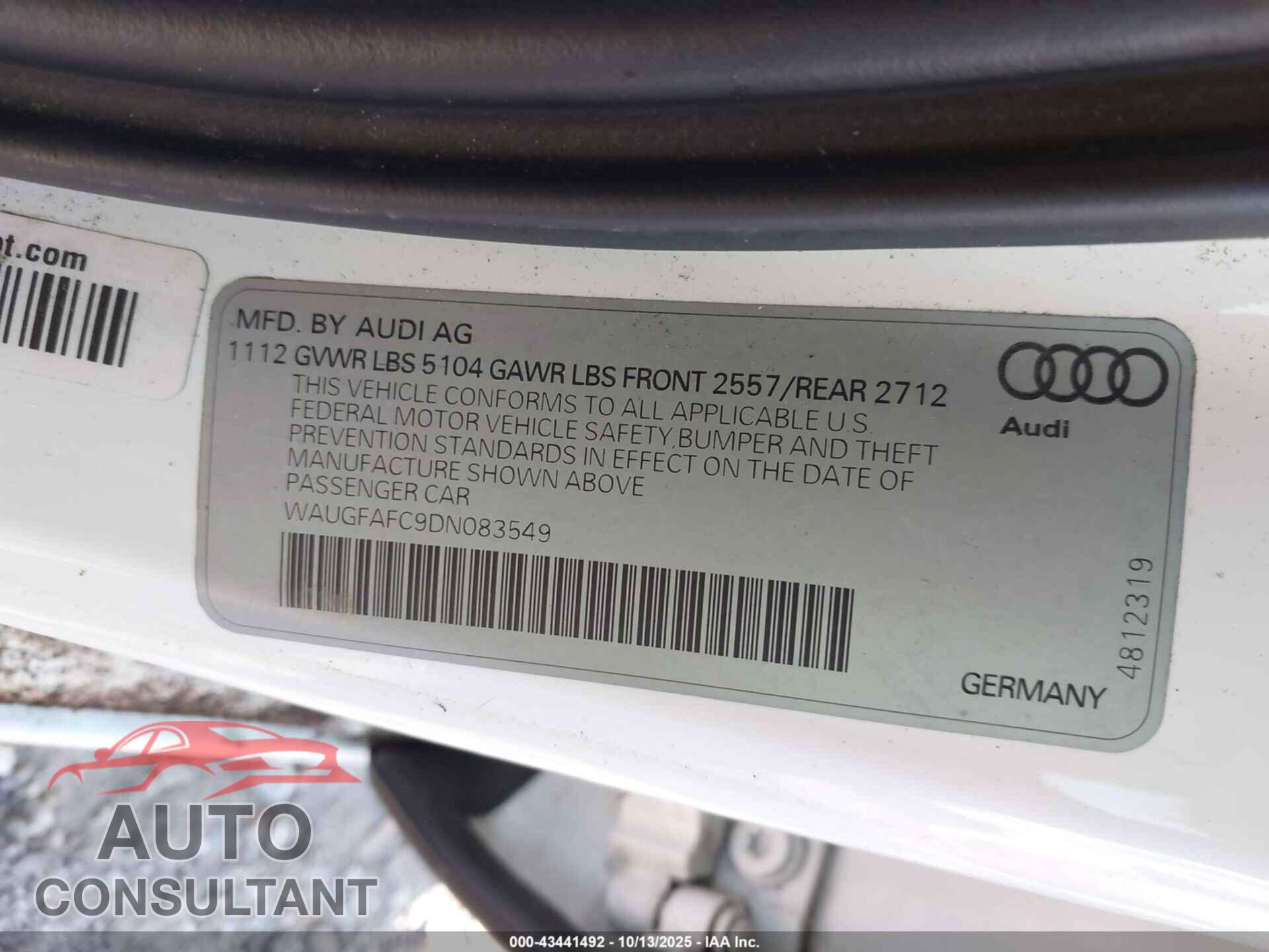 AUDI A6 2013 - WAUGFAFC9DN083549