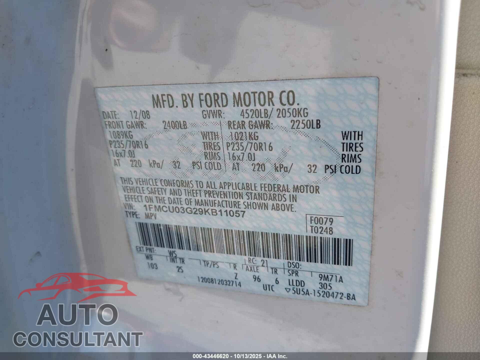FORD ESCAPE 2009 - 1FMCU03G29KB11057