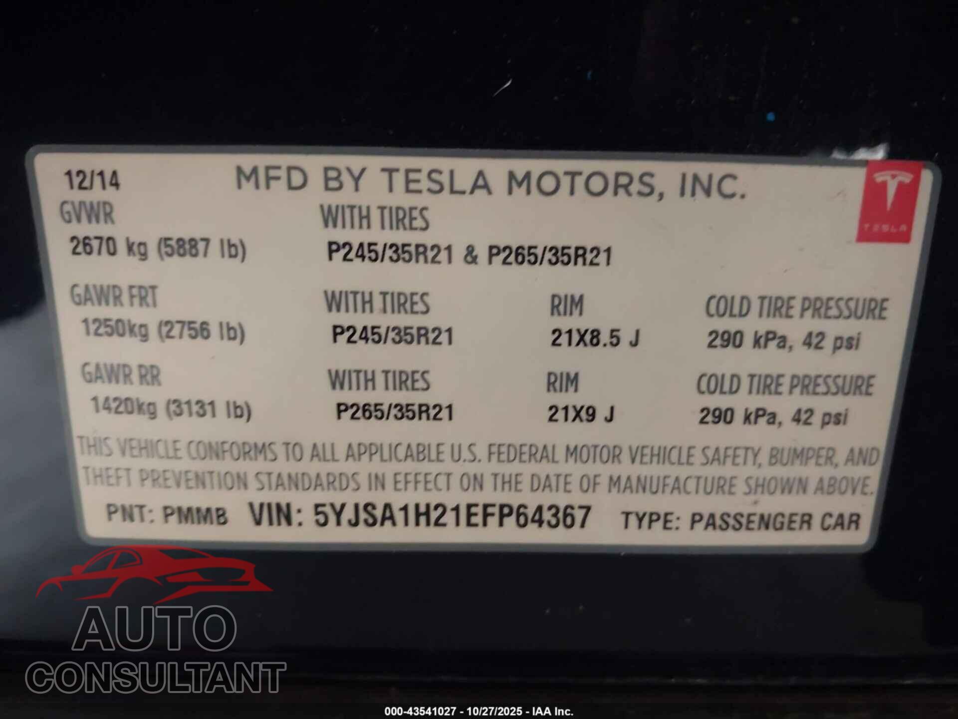 TESLA MODEL S 2014 - 5YJSA1H21EFP64367