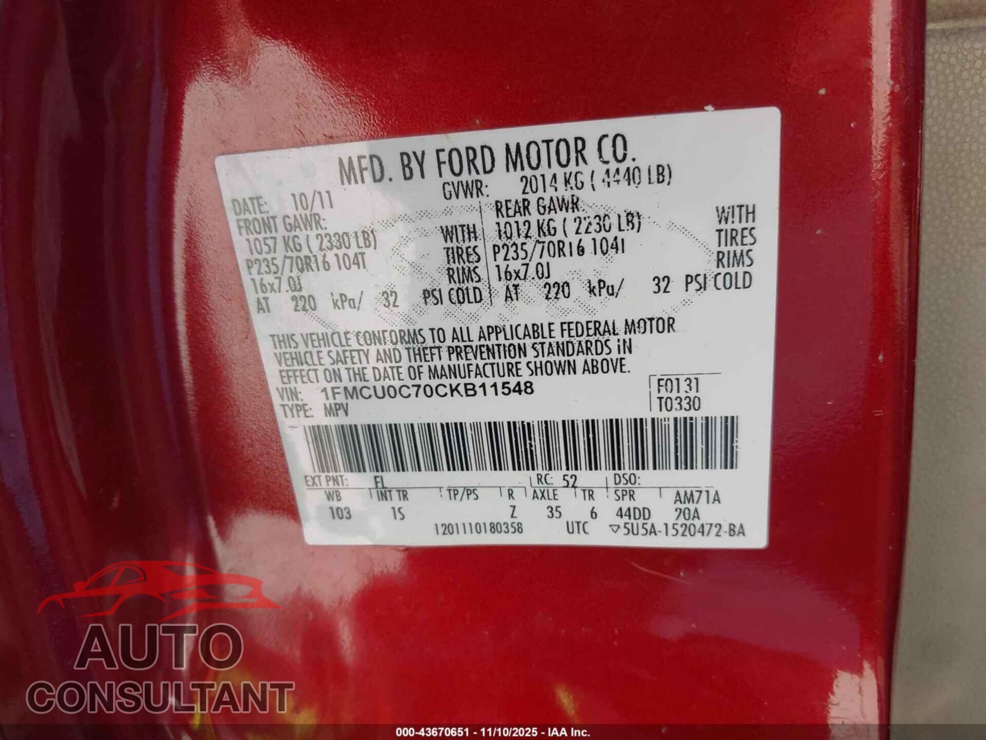 FORD ESCAPE 2012 - 1FMCU0C70CKB11548