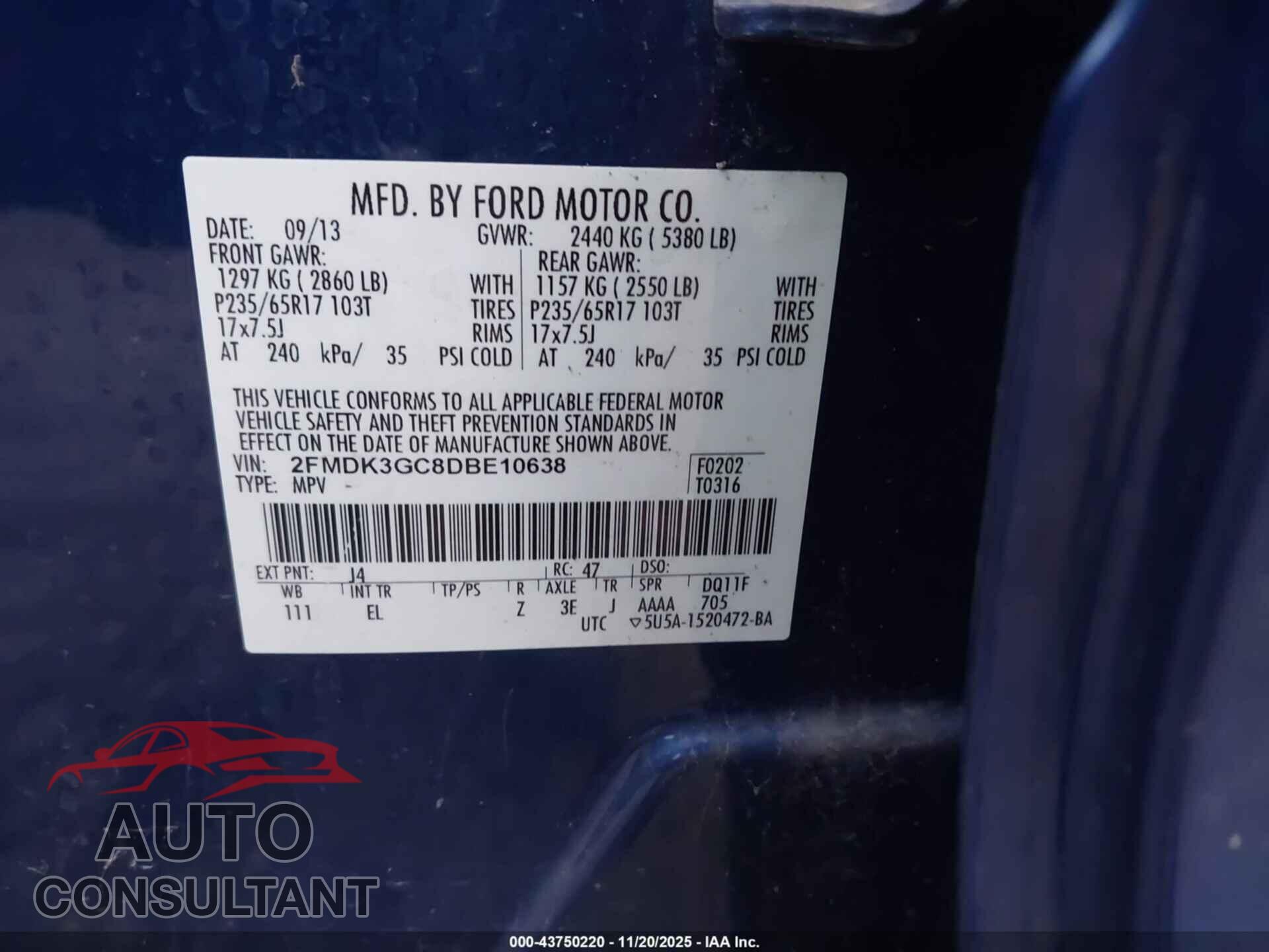 FORD EDGE 2013 - 2FMDK3GC8DBE10638