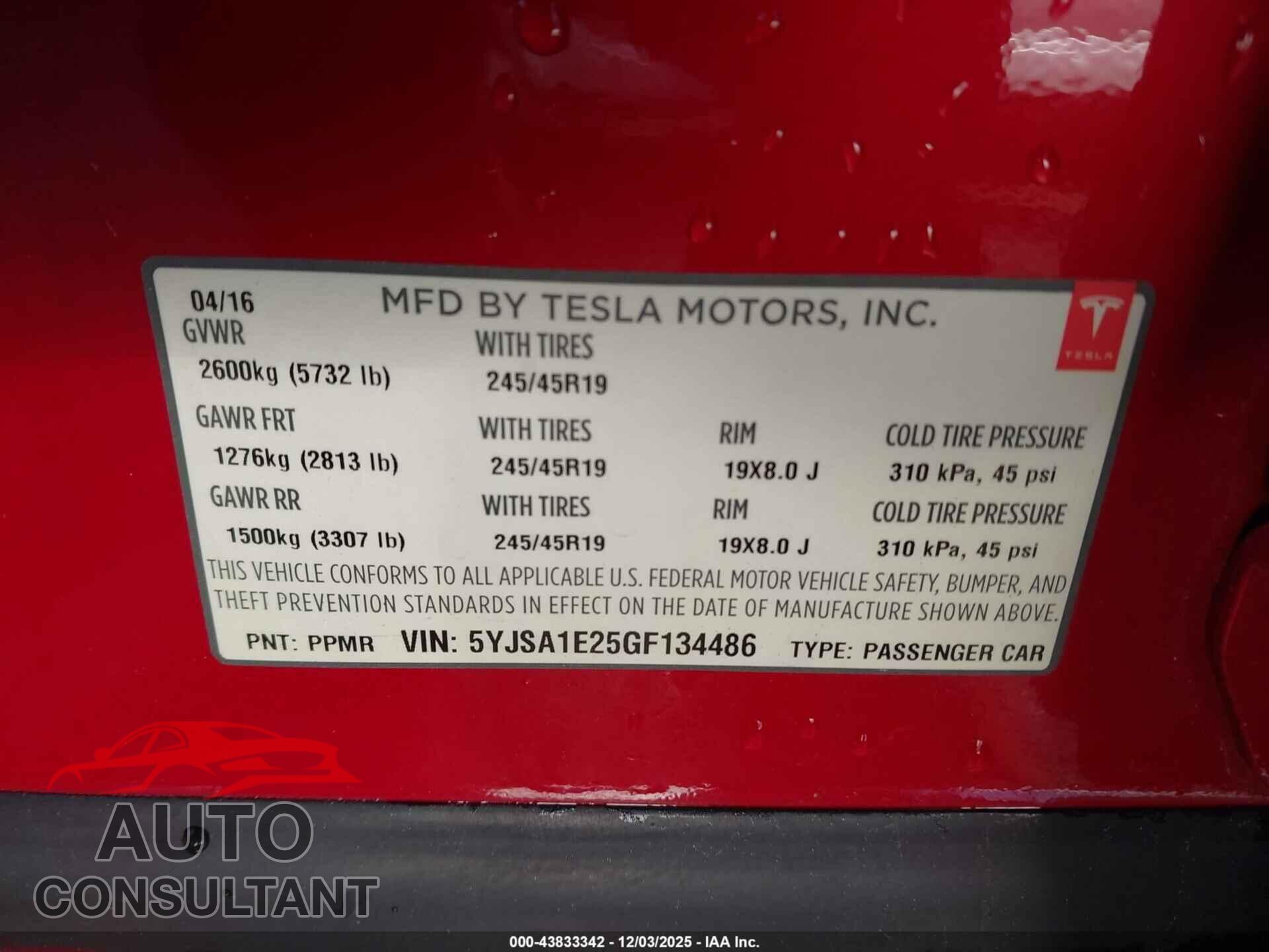 TESLA MODEL S 2016 - 5YJSA1E25GF134486