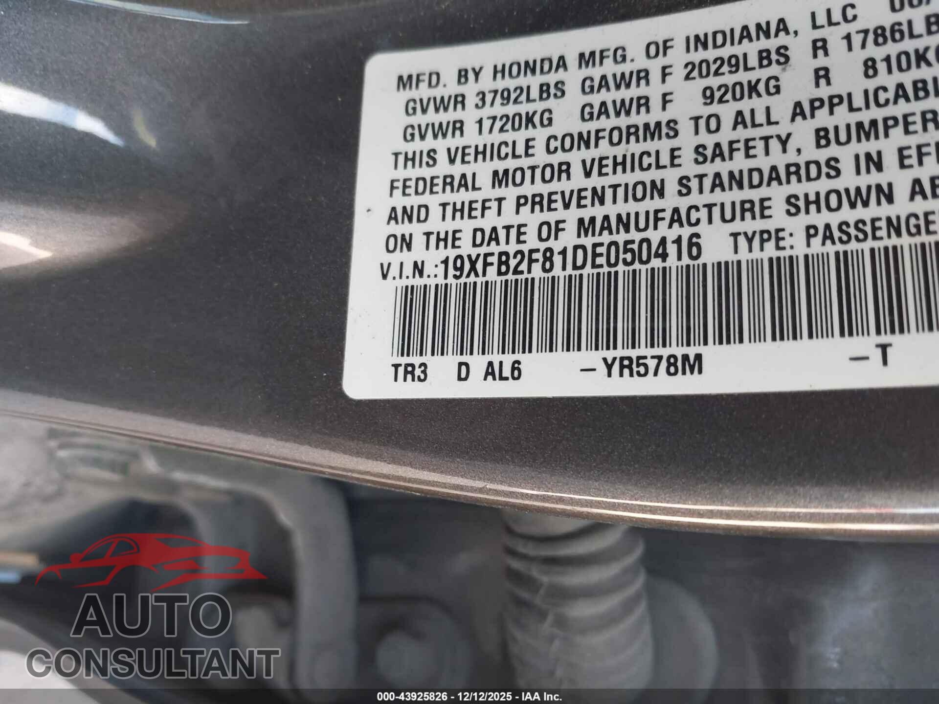 HONDA CIVIC 2013 - 19XFB2F81DE050416