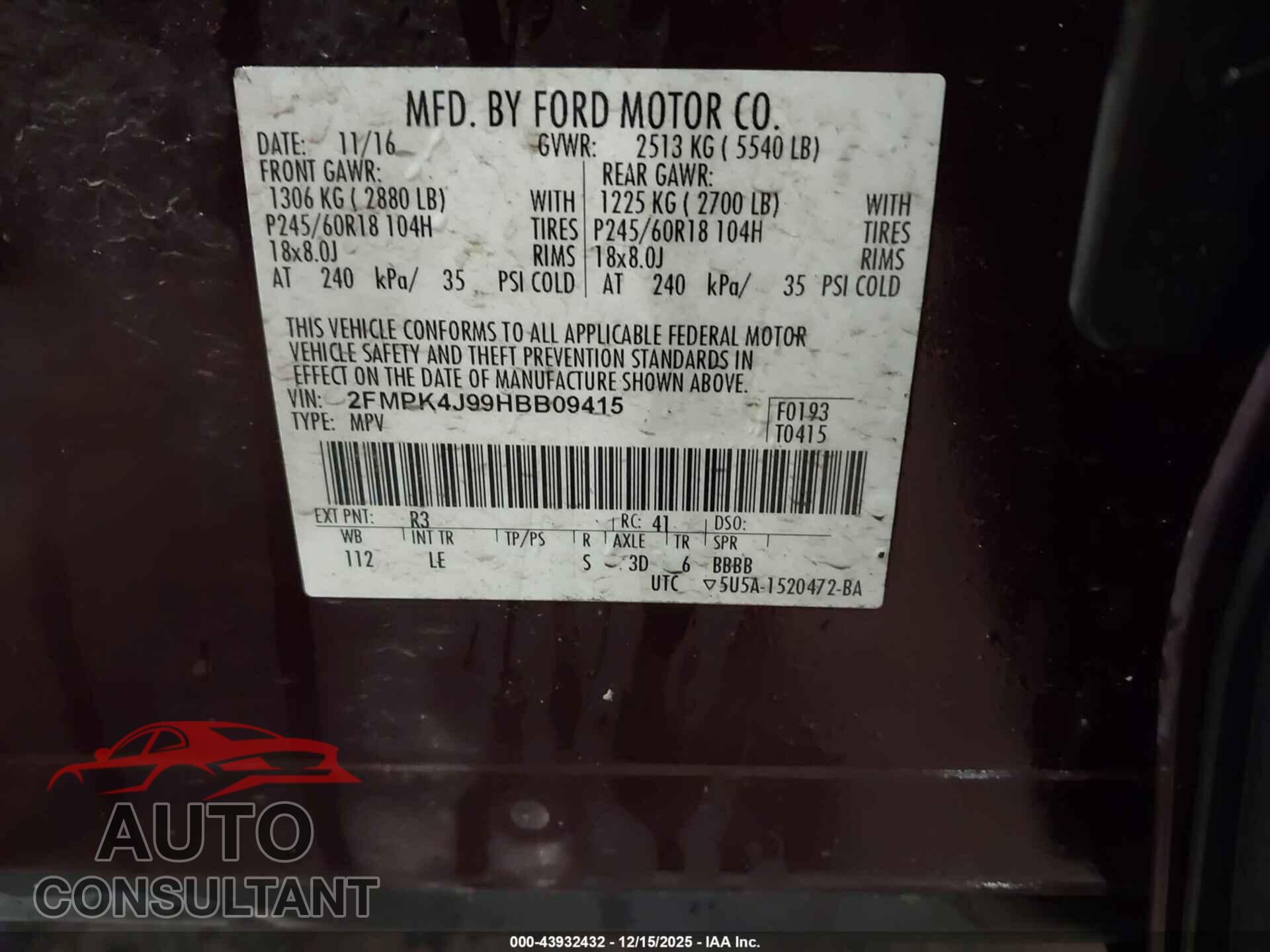 FORD EDGE 2017 - 2FMPK4J99HBB09415