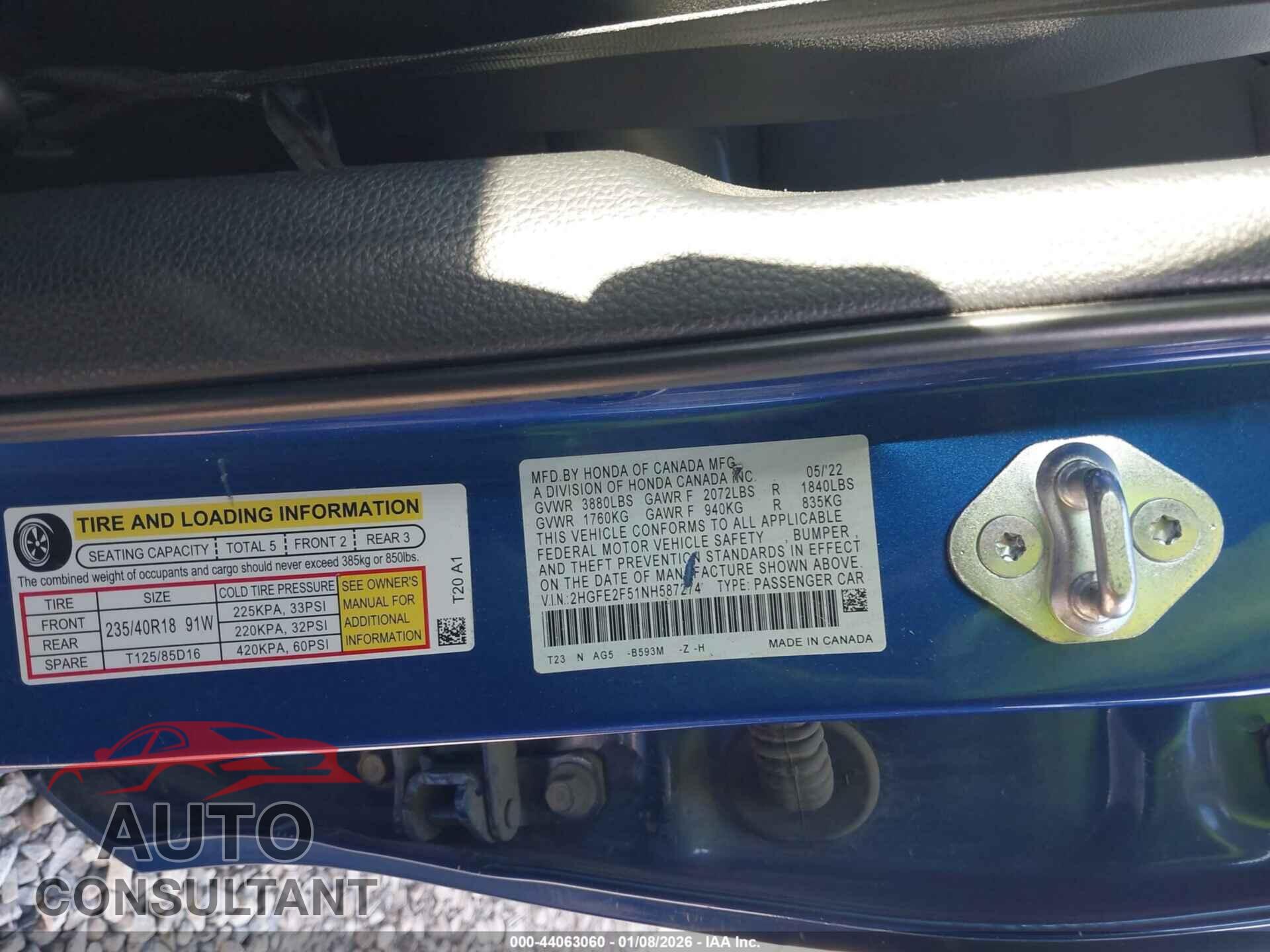 HONDA CIVIC 2022 - 2HGFE2F51NH587274