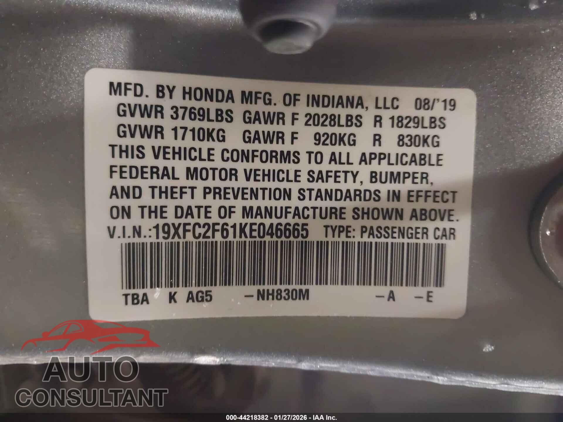 HONDA CIVIC 2019 - 19XFC2F61KE046665