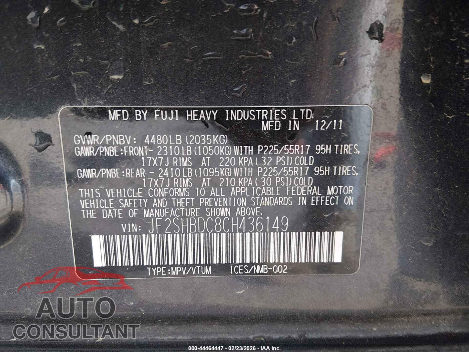 SUBARU FORESTER 2012 - JF2SHBDC8CH436149