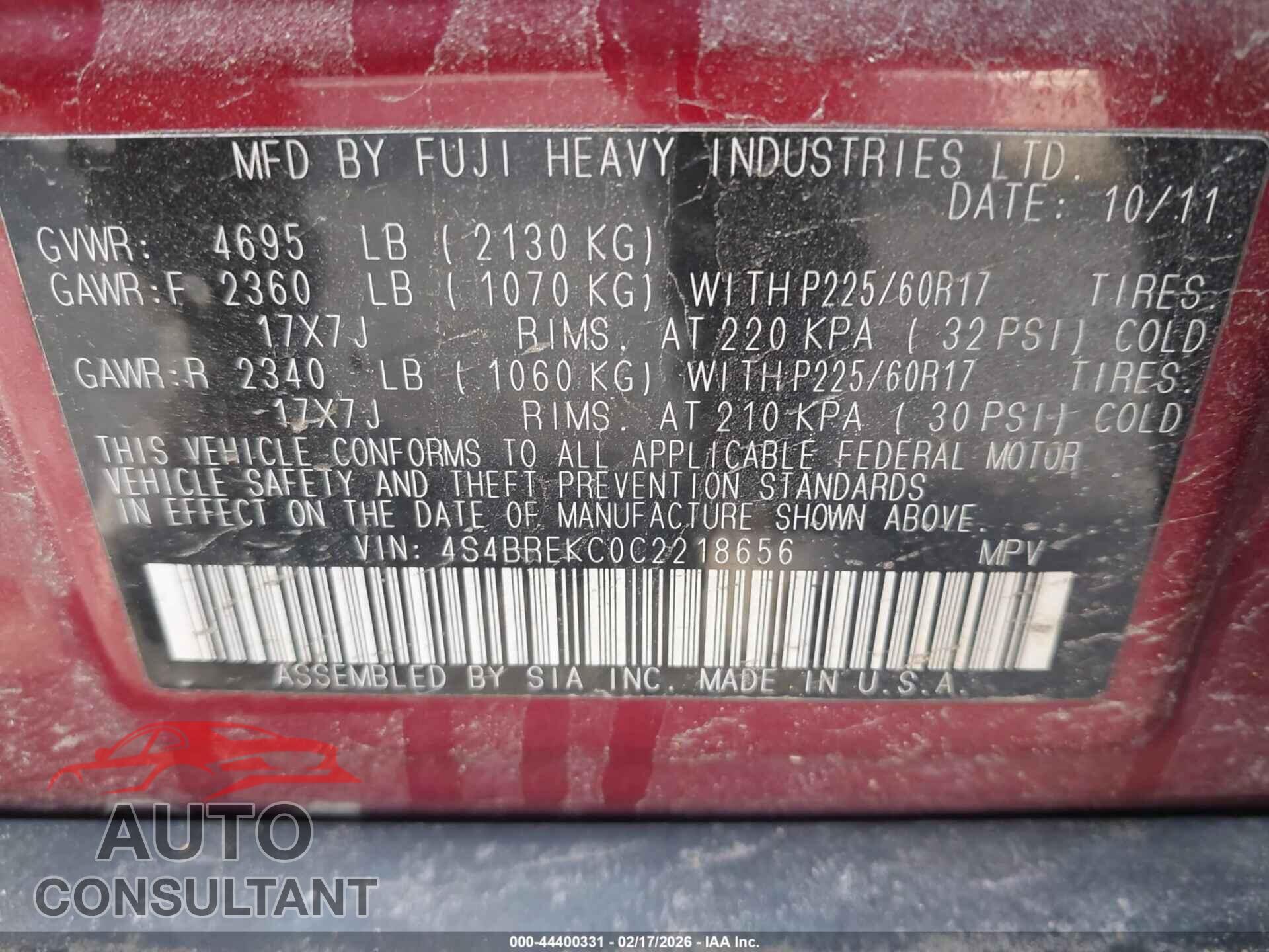 SUBARU OUTBACK 2012 - 4S4BREKC0C2218656