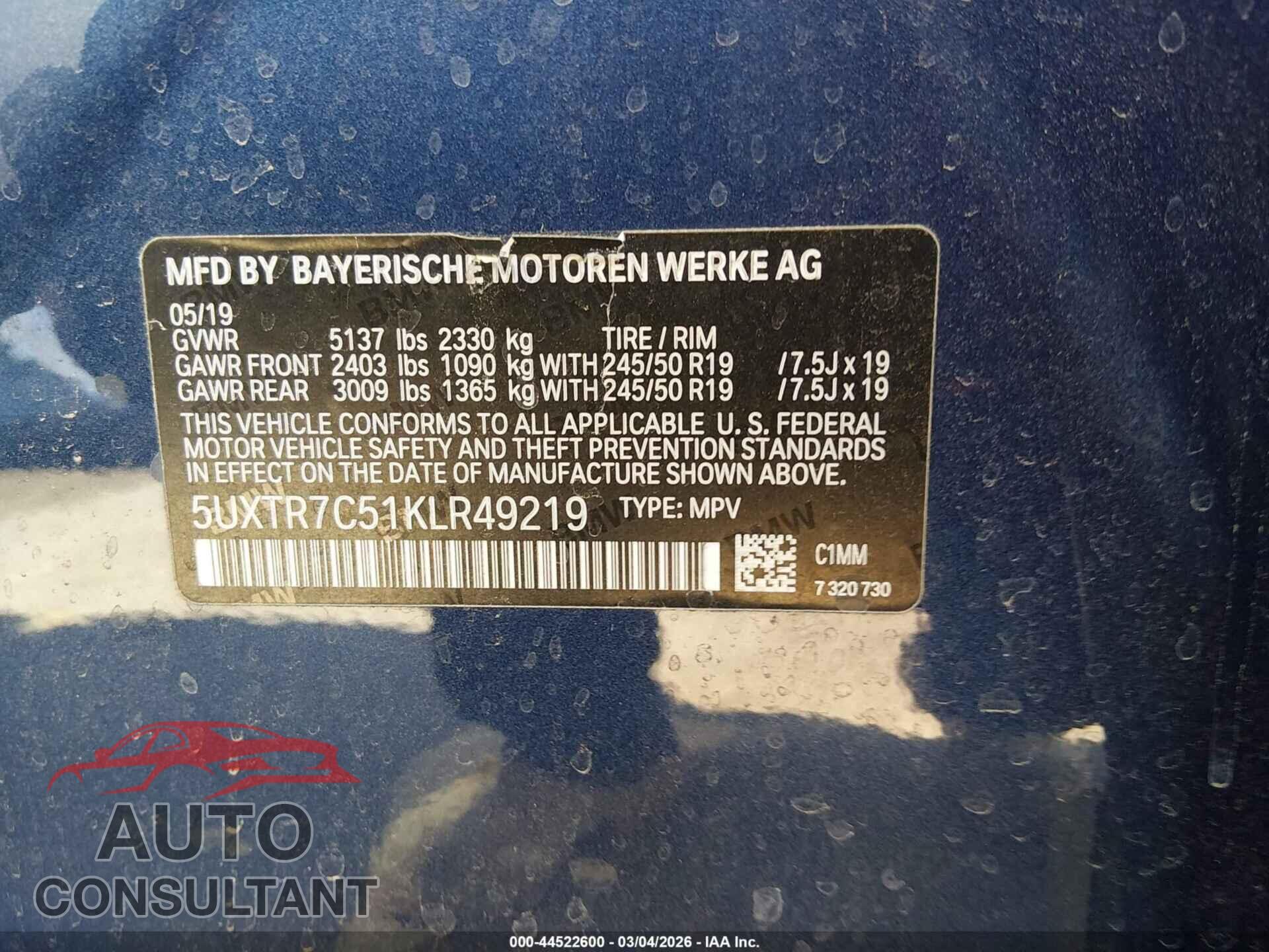 BMW X3 2019 - 5UXTR7C51KLR49219