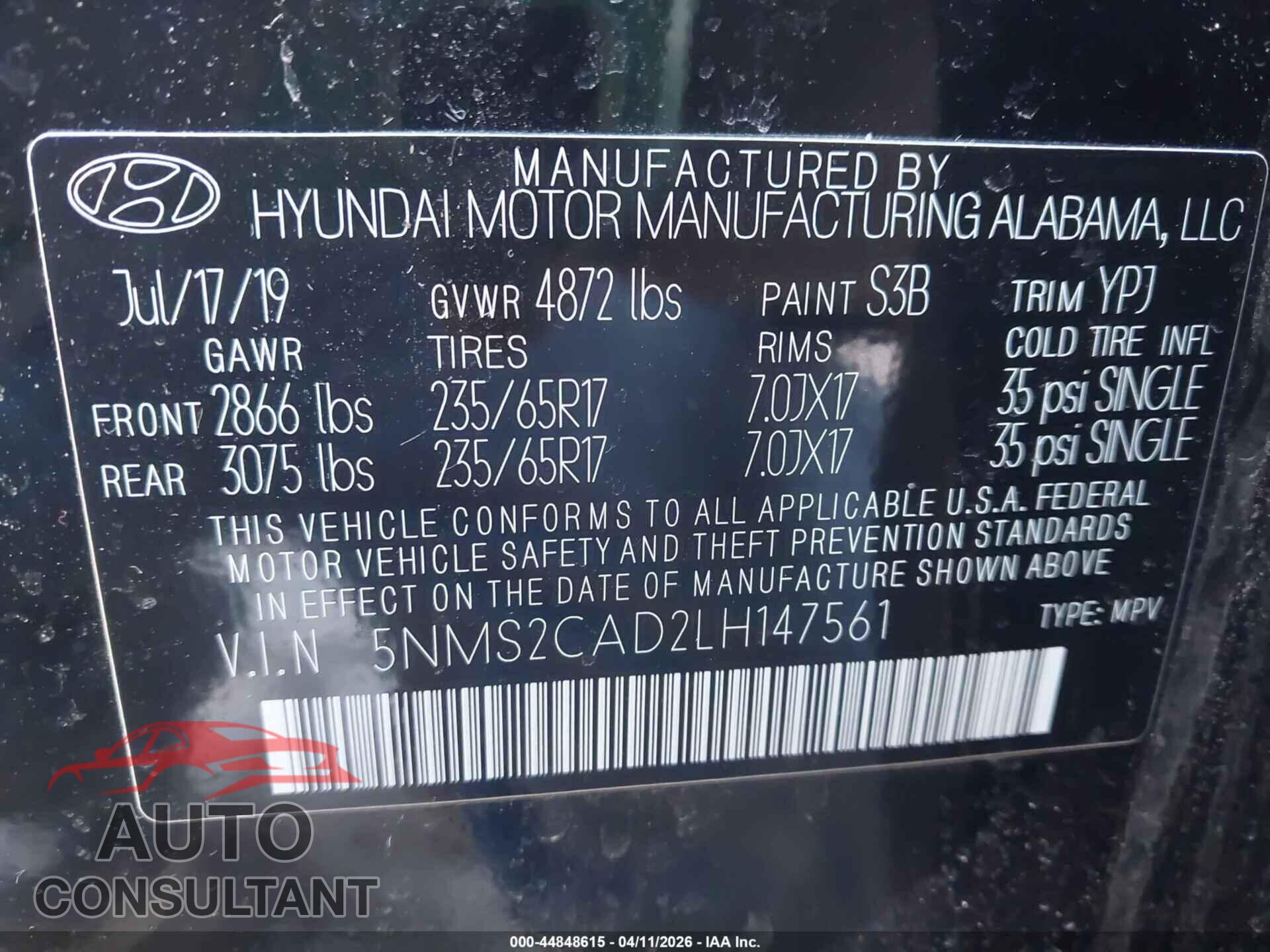 HYUNDAI SANTA FE 2020 - 5NMS2CAD2LH147561