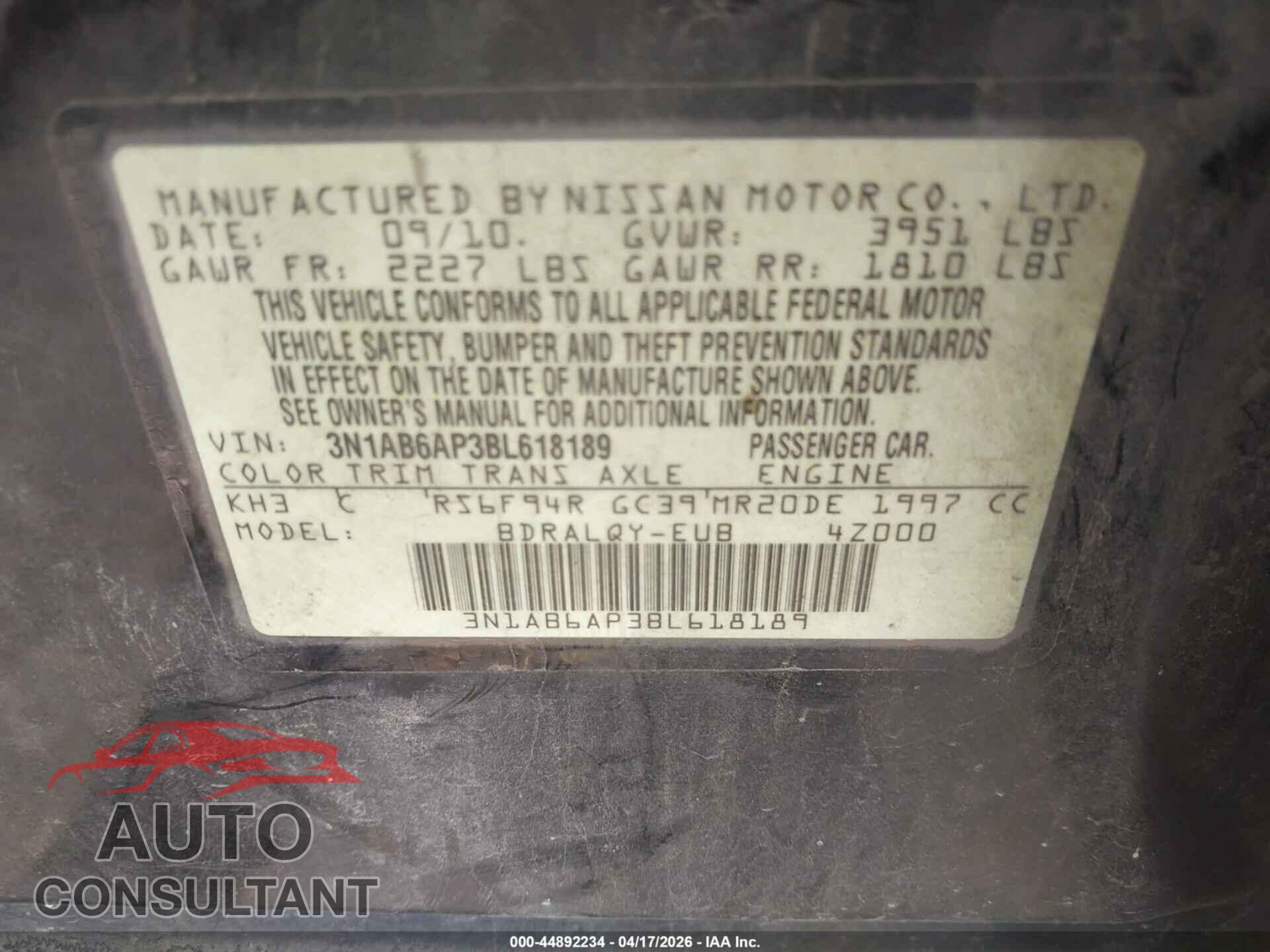 NISSAN SENTRA 2011 - 3N1AB6AP3BL618189