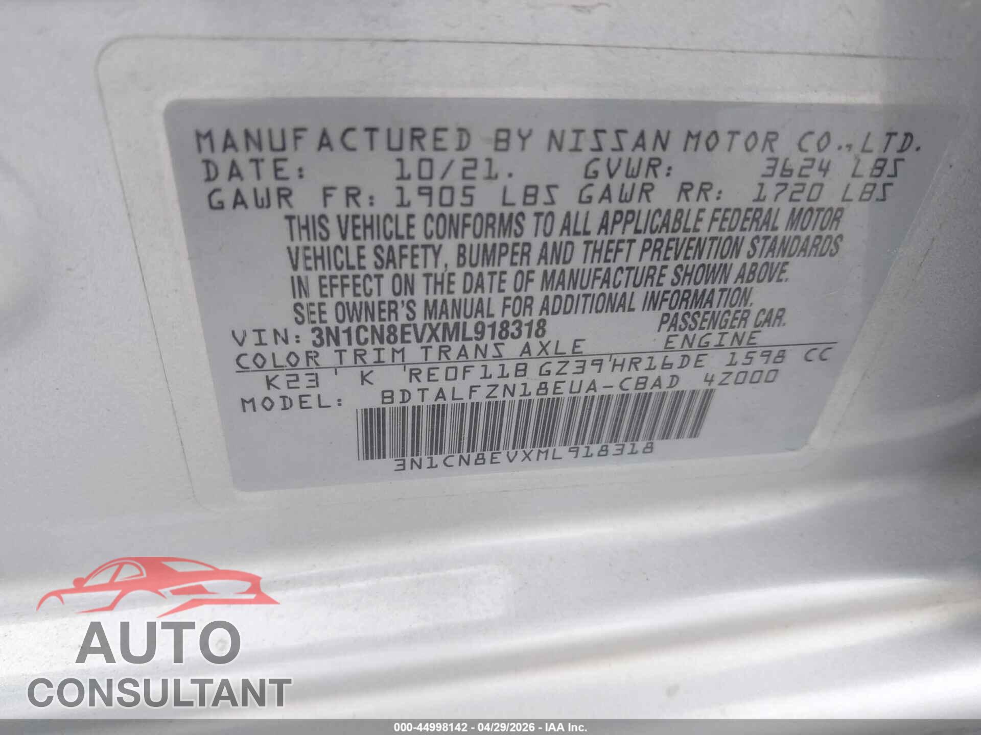 NISSAN VERSA 2021 - 3N1CN8EVXML918318