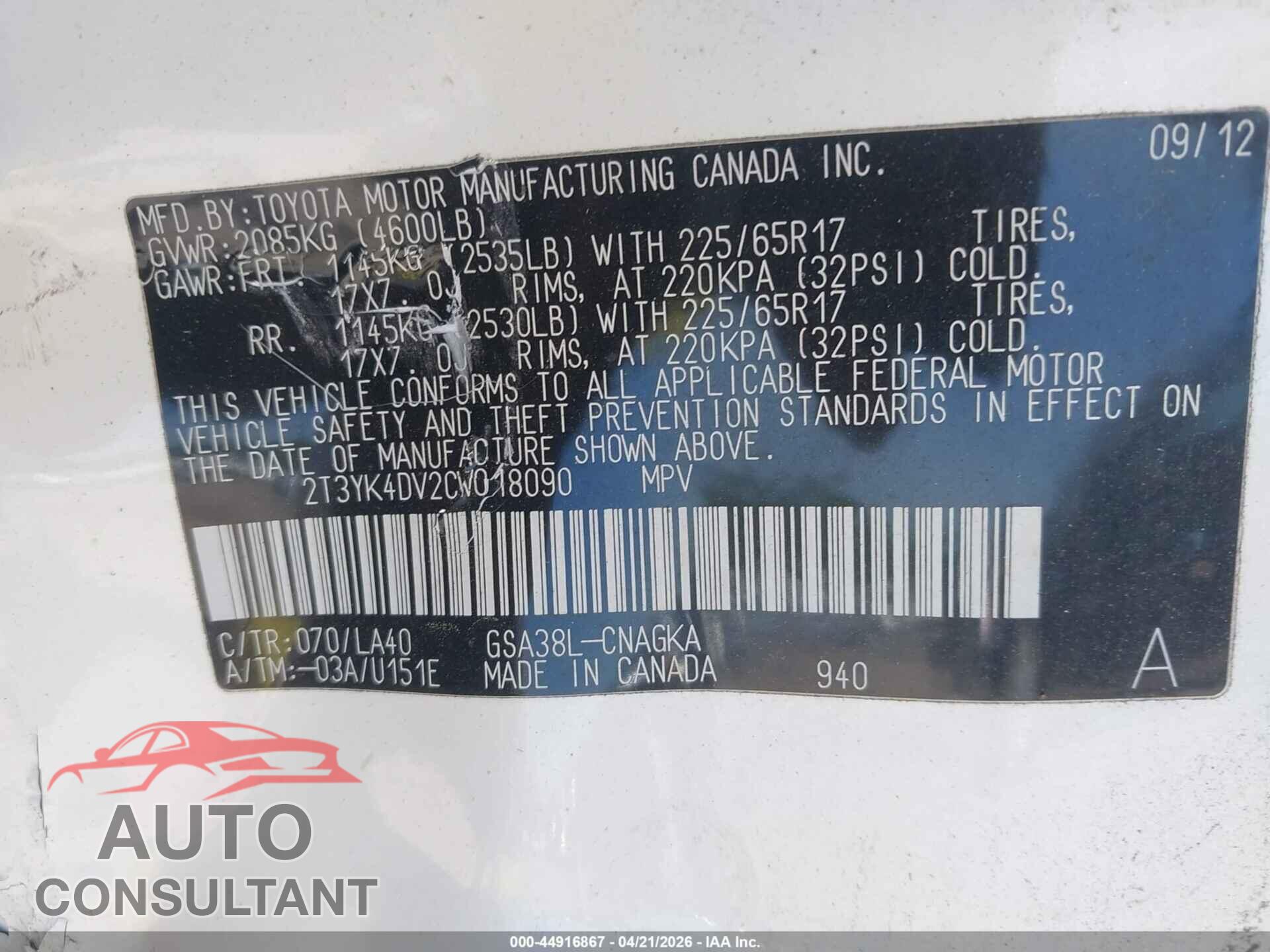 TOYOTA RAV4 2012 - 2T3YK4DV2CW018090