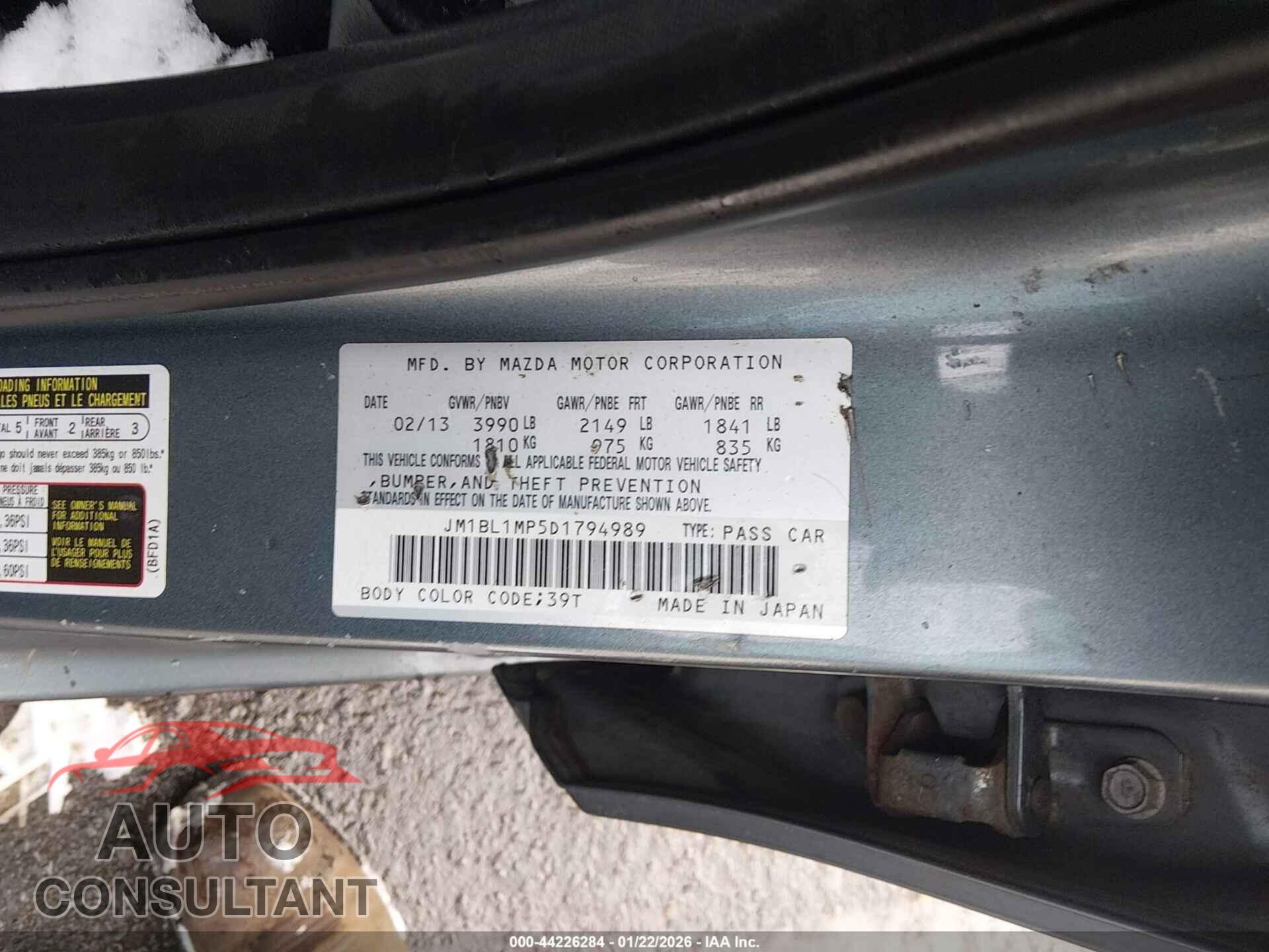 MAZDA MAZDA3 2013 - JM1BL1MP5D1794989