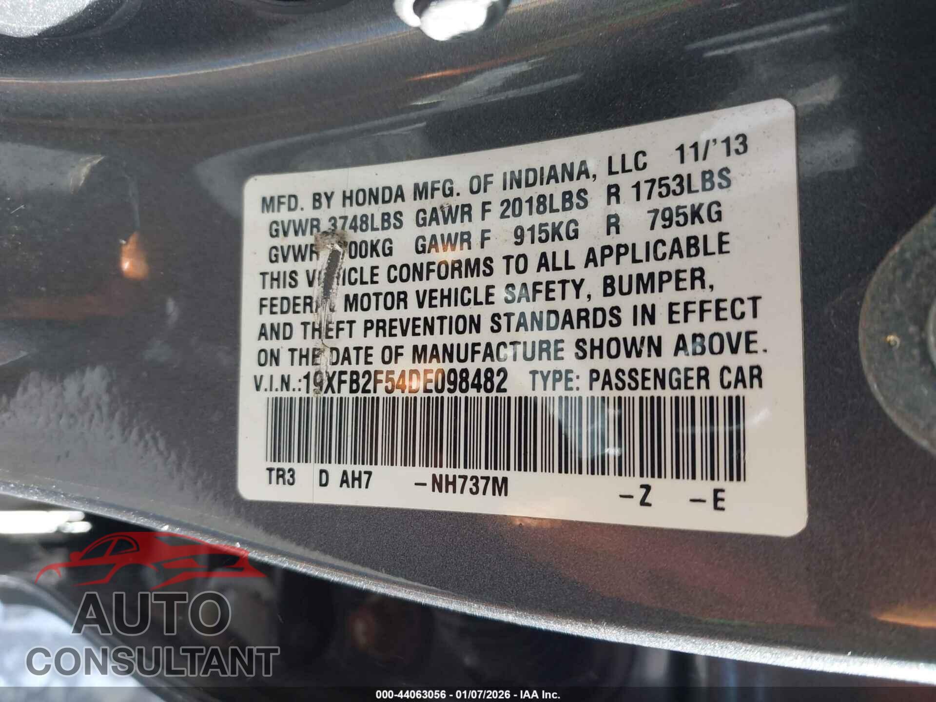 HONDA CIVIC 2013 - 19XFB2F54DE098482