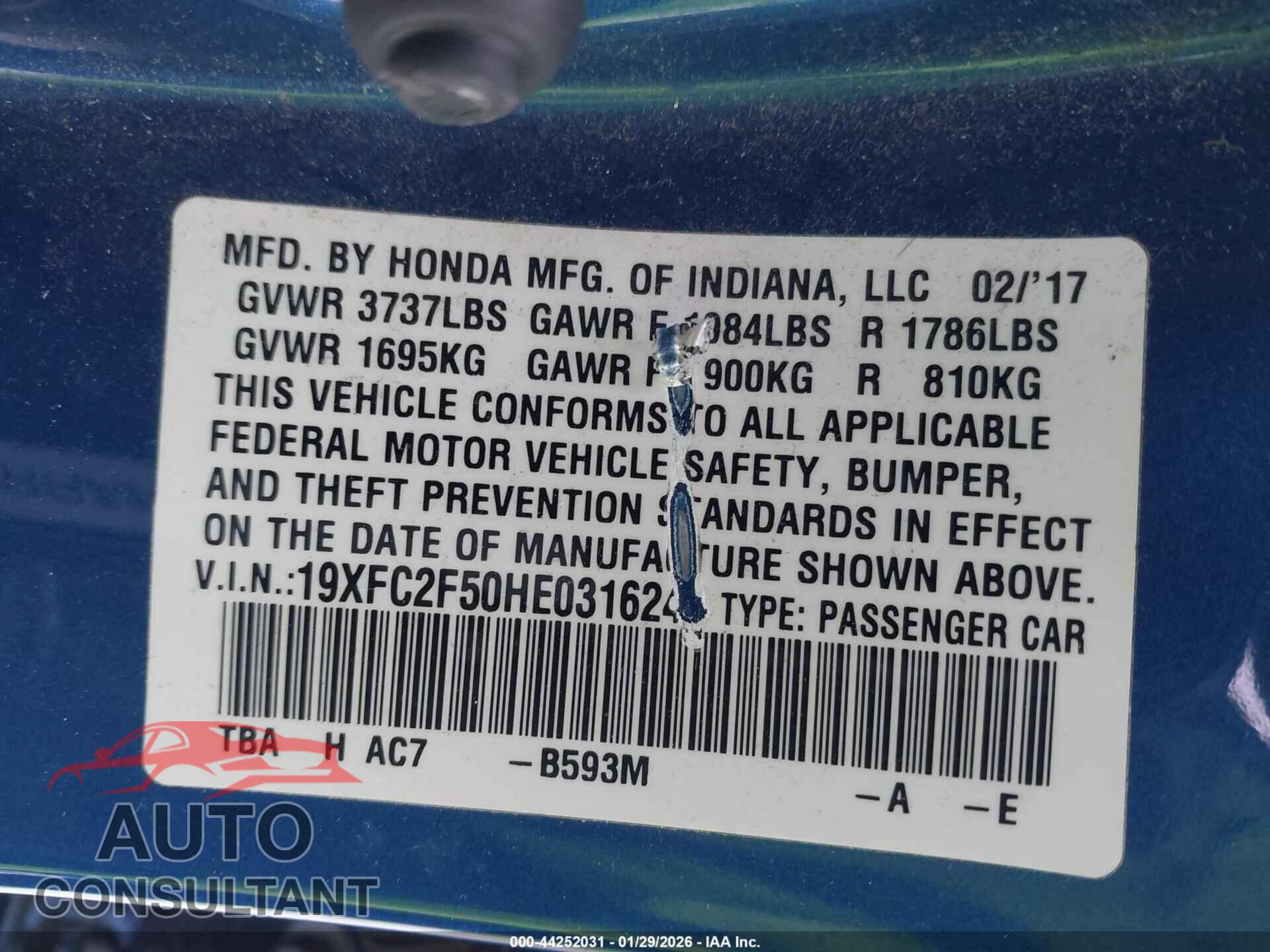 HONDA CIVIC 2017 - 19XFC2F50HE031624