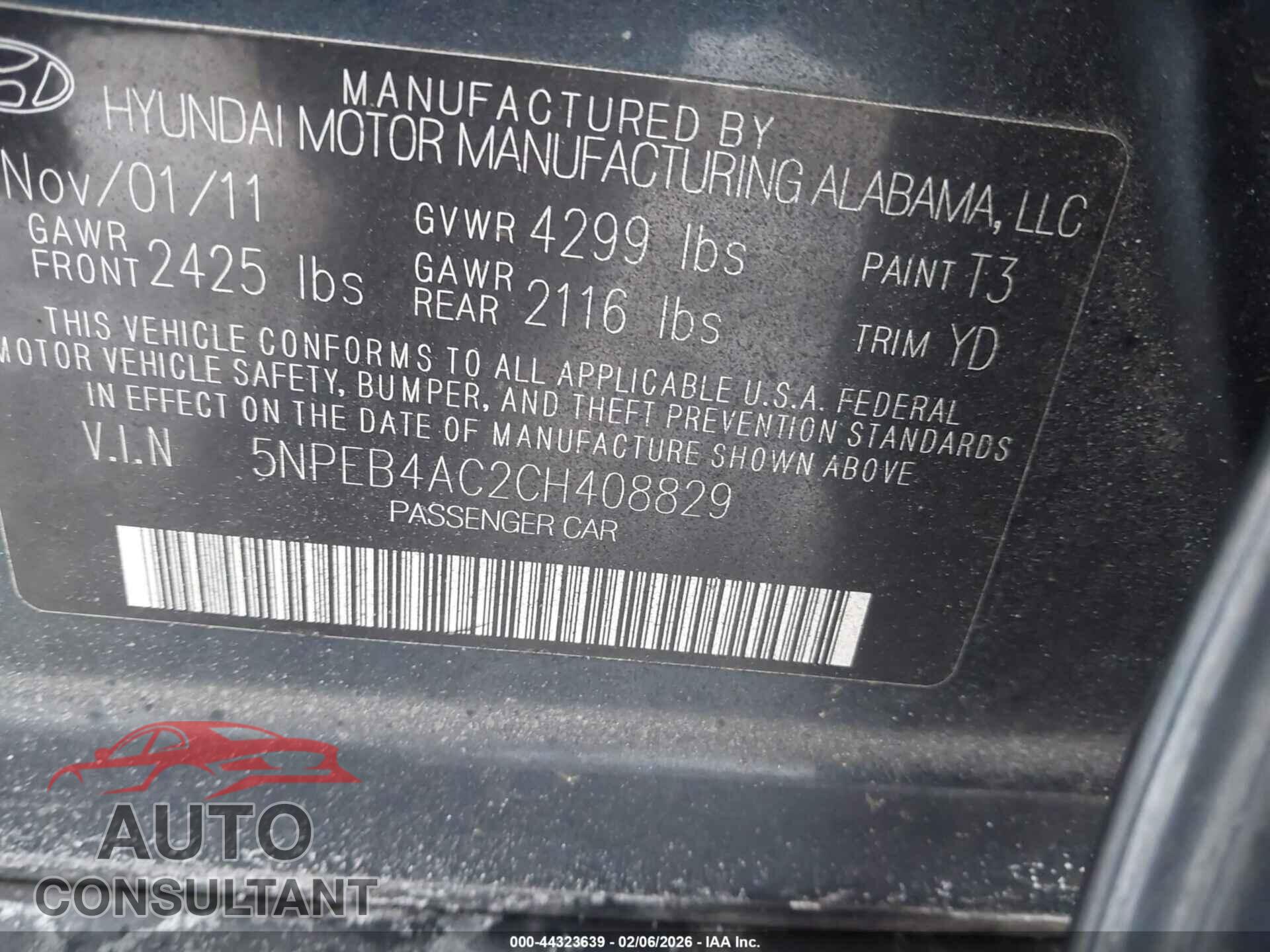 HYUNDAI SONATA 2012 - 5NPEB4AC2CH408829