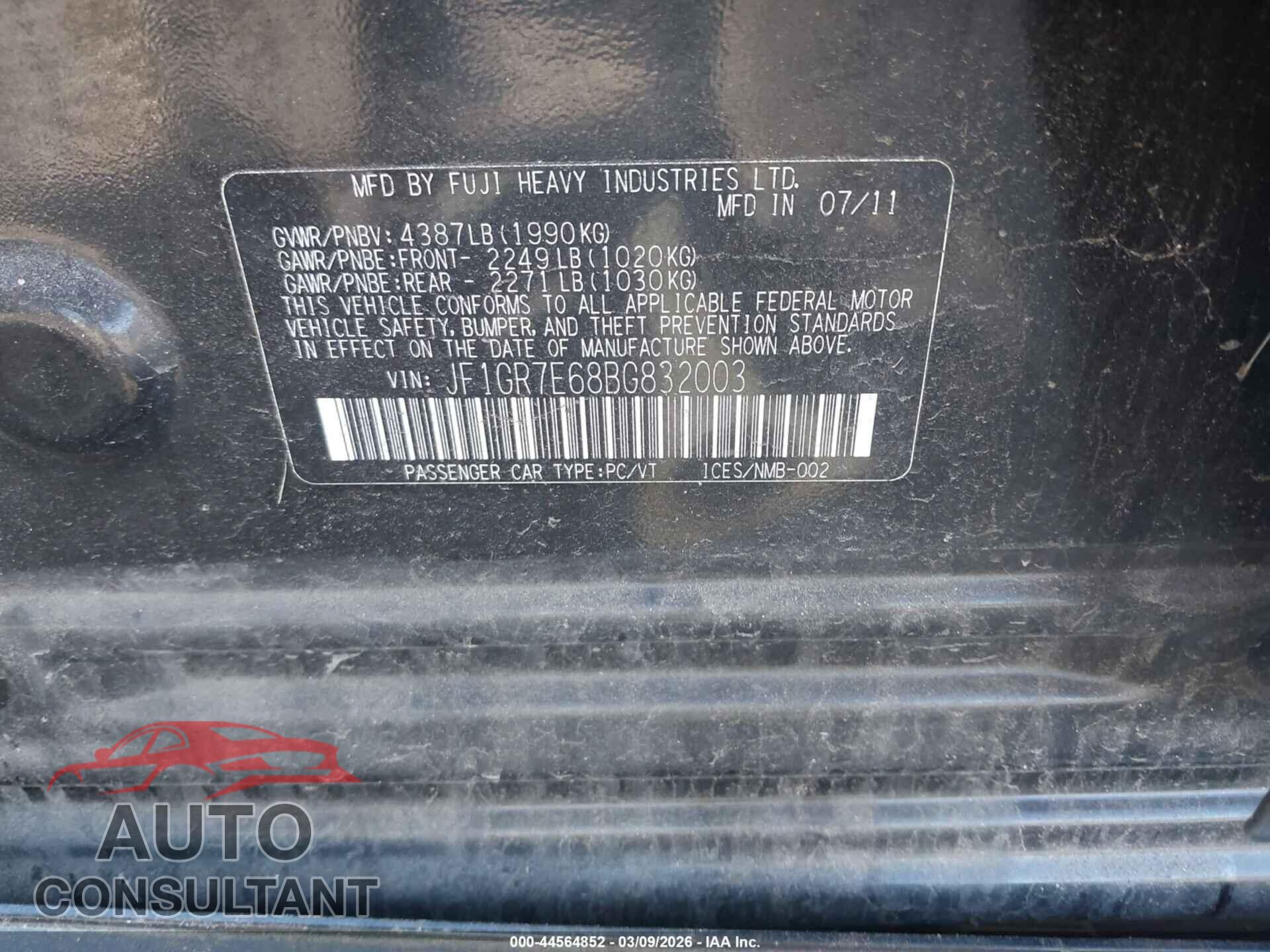 SUBARU IMPREZA 2011 - JF1GR7E68BG832003