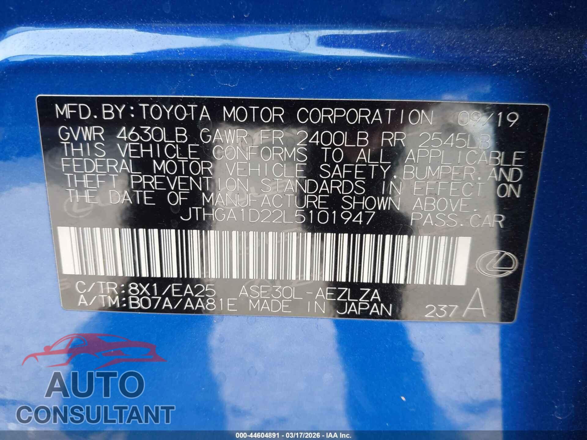 LEXUS IS 300 2020 - JTHGA1D22L5101947