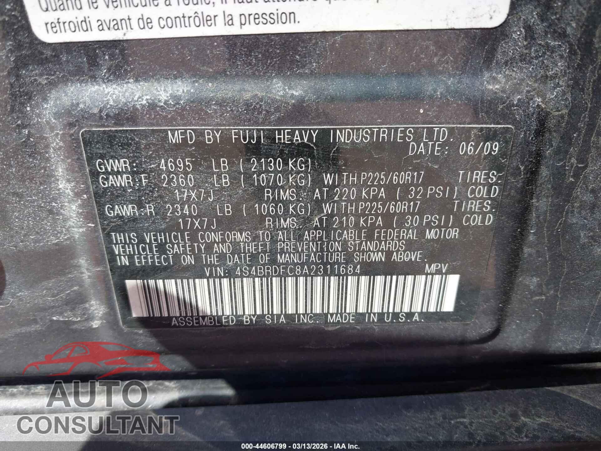 SUBARU OUTBACK 2010 - 4S4BRDFC8A2311684