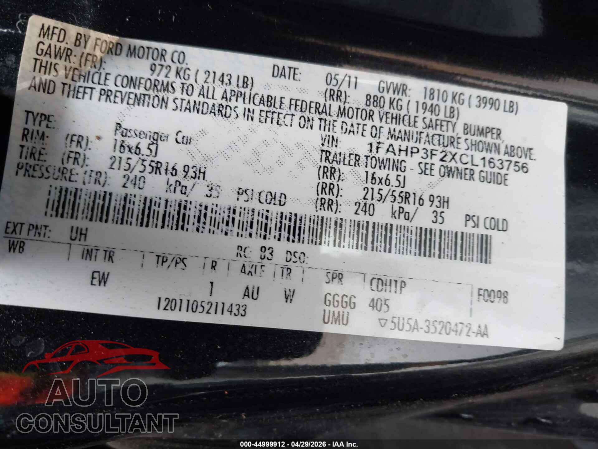 FORD FOCUS 2012 - 1FAHP3F2XCL163756