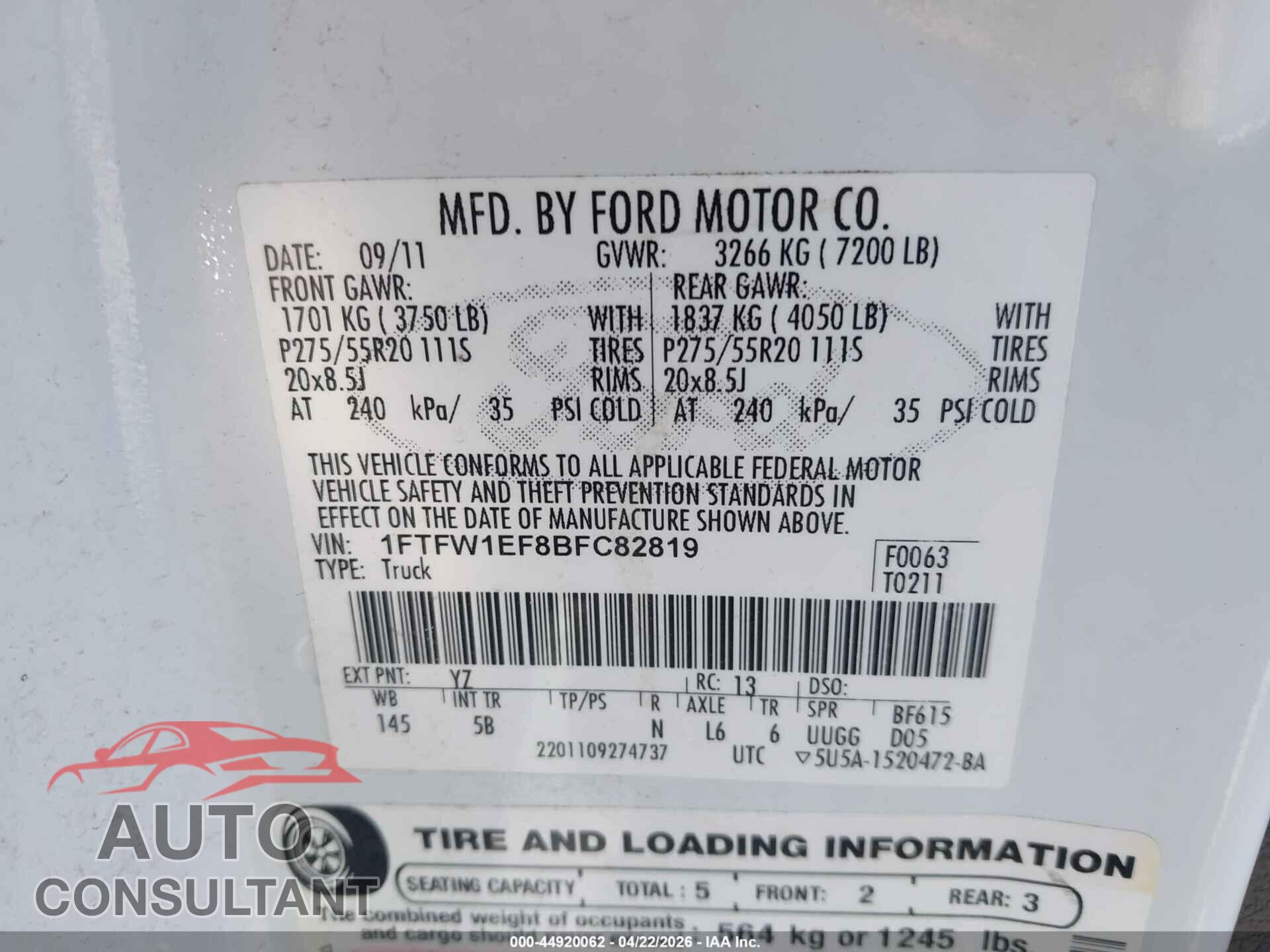 FORD F-150 2011 - 1FTFW1EF8BFC82819