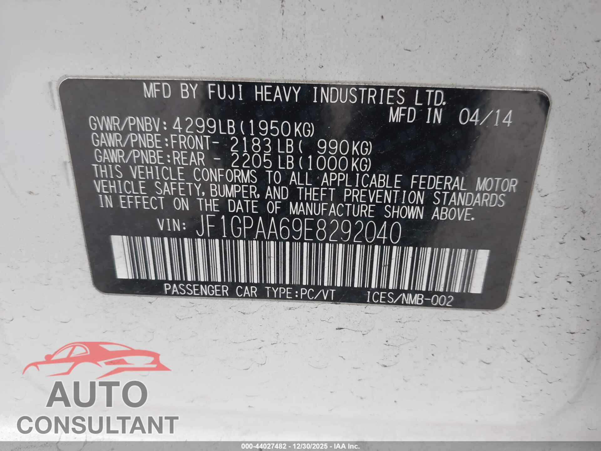 SUBARU IMPREZA 2014 - JF1GPAA69E8292040