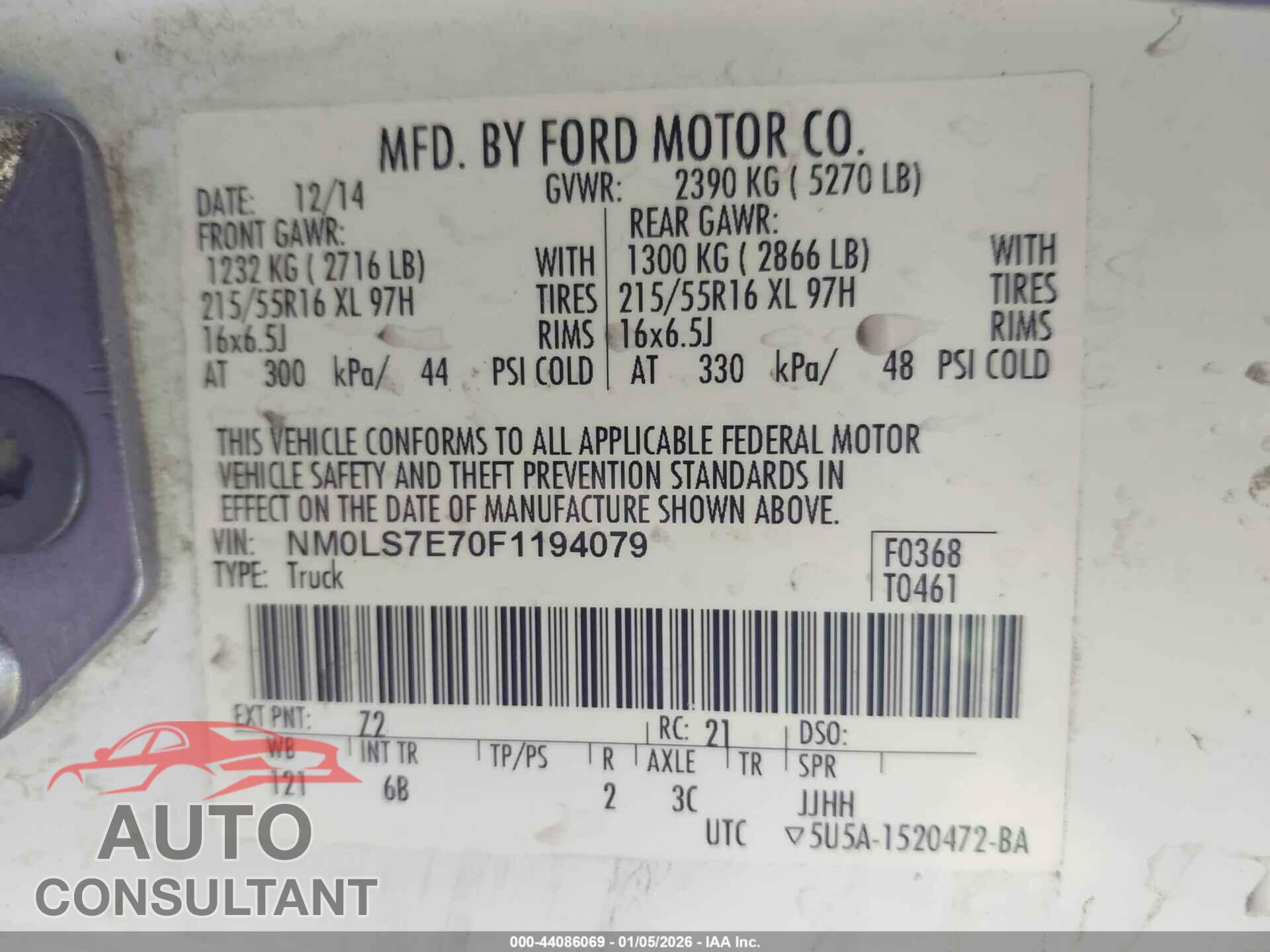 FORD TRANSIT CONNECT 2015 - NM0LS7E70F1194079