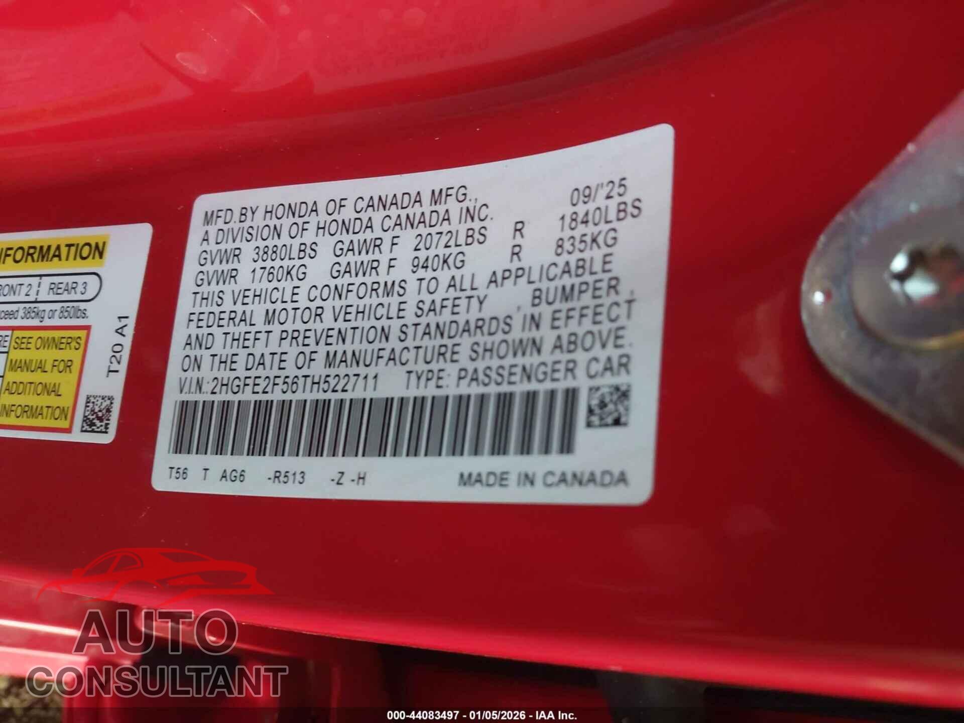 HONDA CIVIC 2026 - 2HGFE2F56TH522711