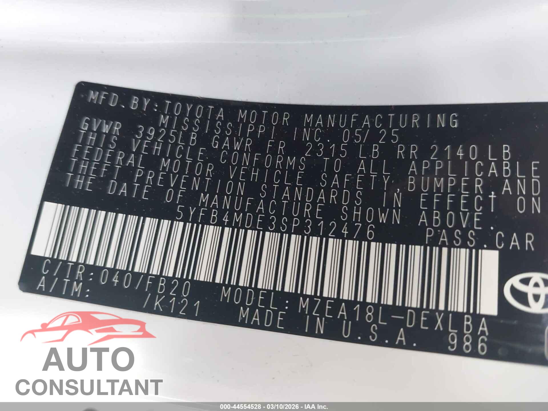 TOYOTA COROLLA 2025 - 5YFB4MDE3SP312476