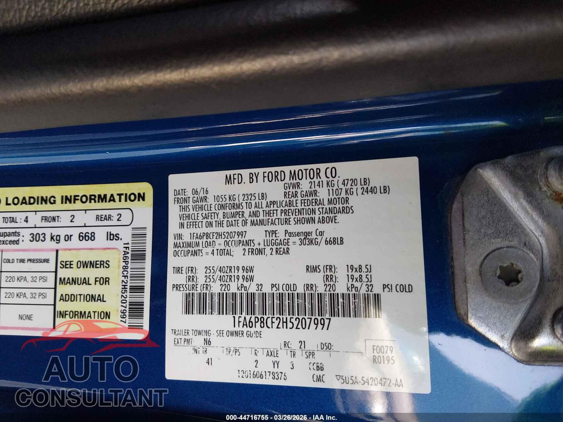 FORD MUSTANG 2017 - 1FA6P8CF2H5207997