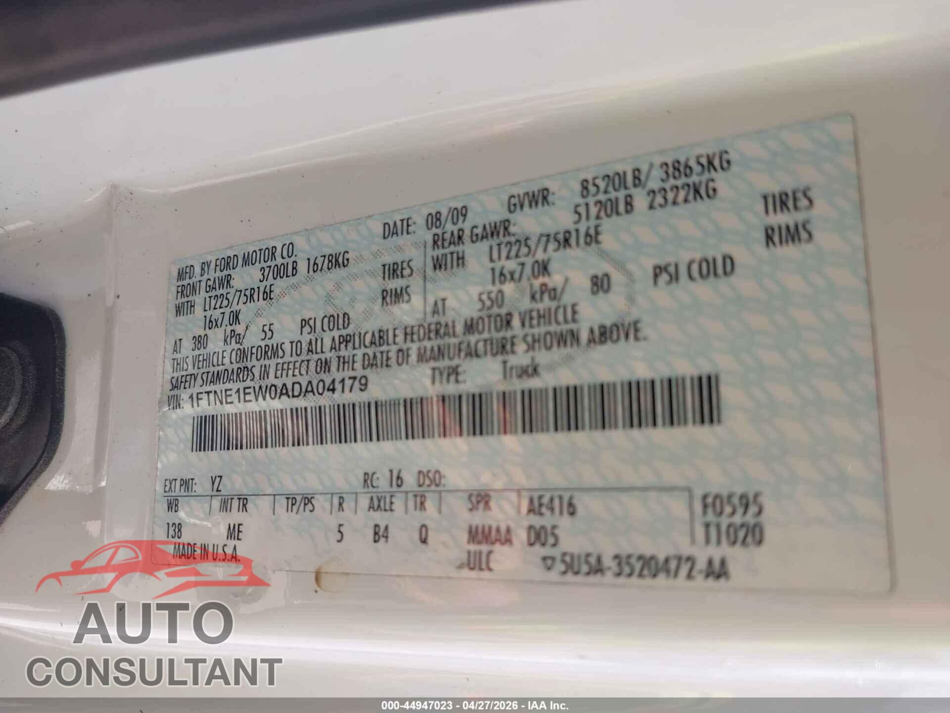 FORD E-150 2010 - 1FTNE1EW0ADA04179