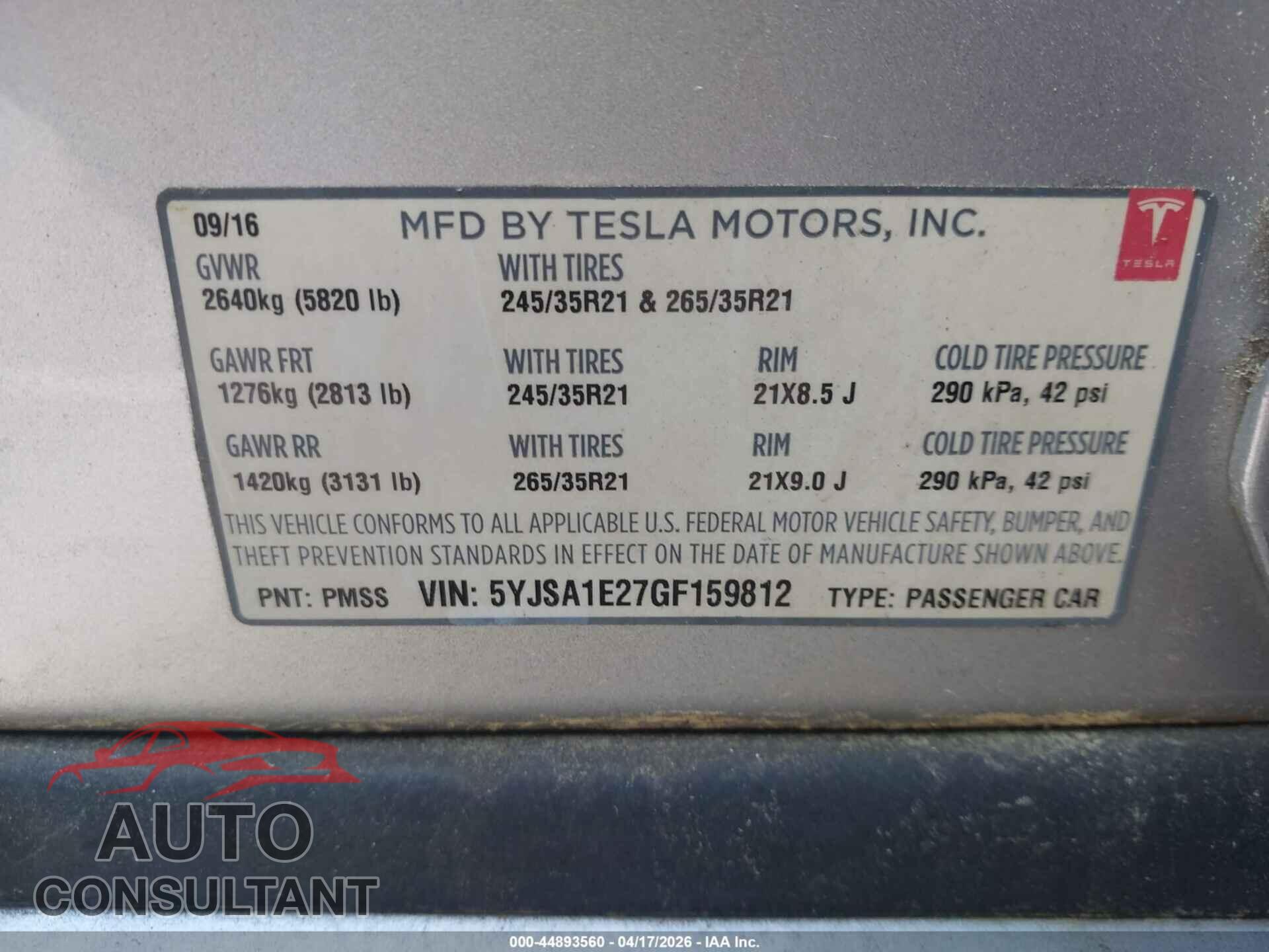 TESLA MODEL S 2016 - 5YJSA1E27GF159812