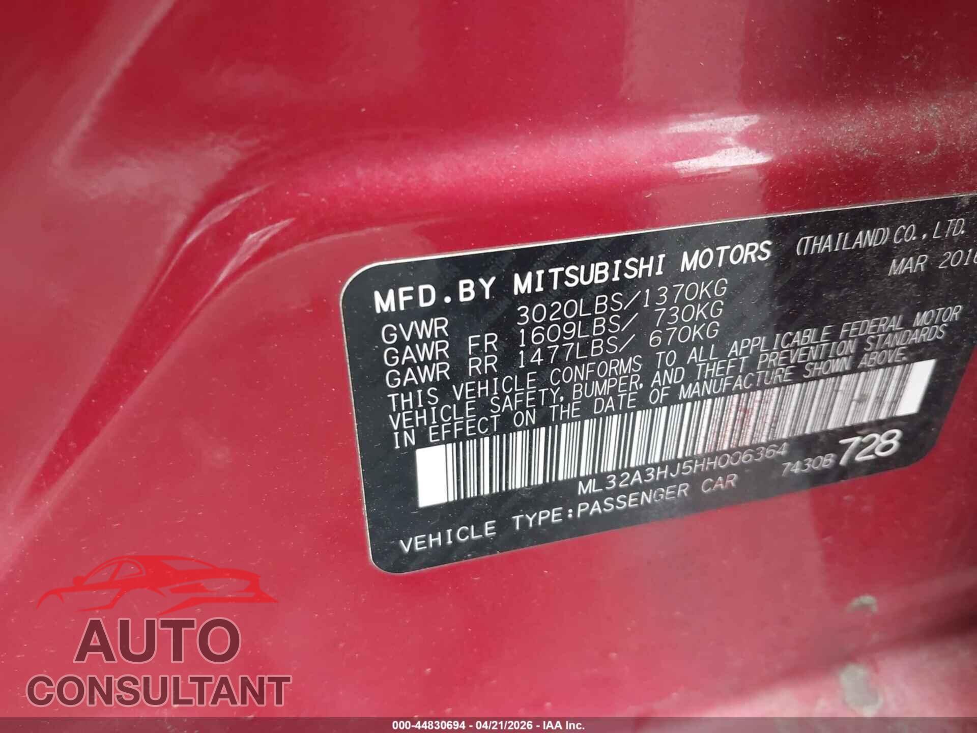 MITSUBISHI MIRAGE 2017 - ML32A3HJ5HH006364