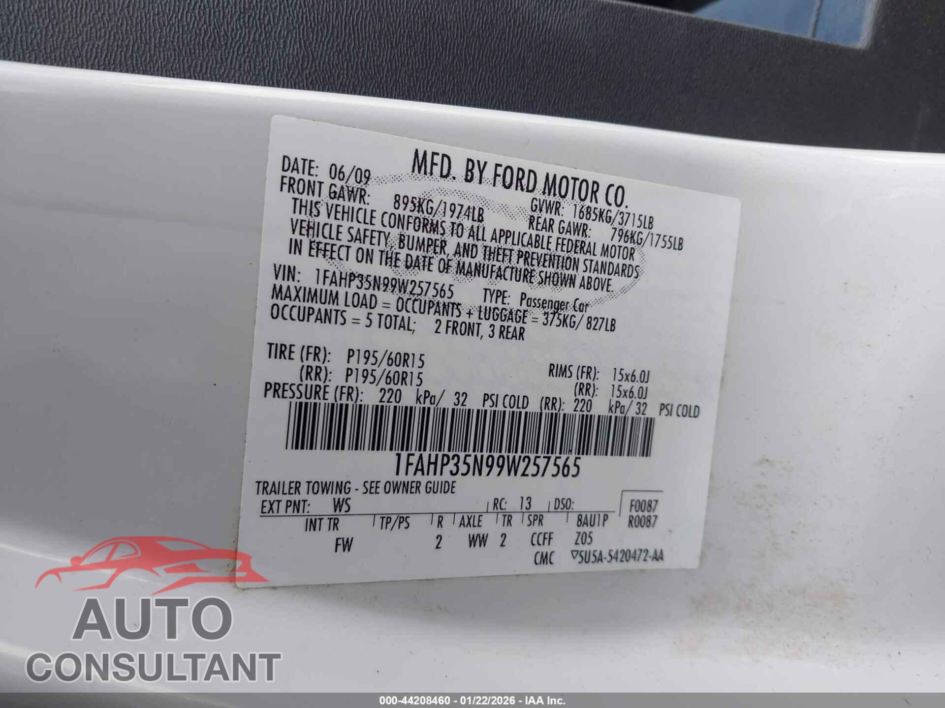 FORD FOCUS 2009 - 1FAHP35N99W257565