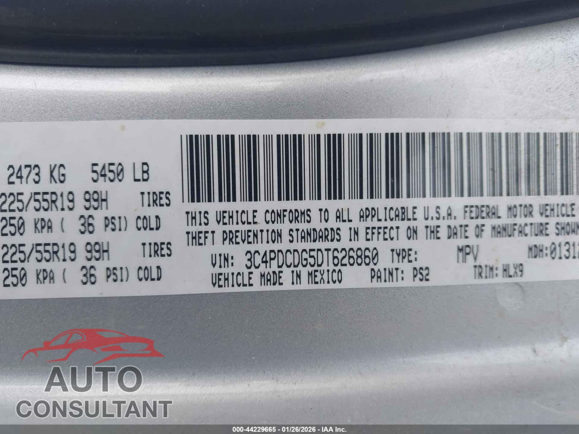 DODGE JOURNEY 2013 - 3C4PDCDG5DT626860