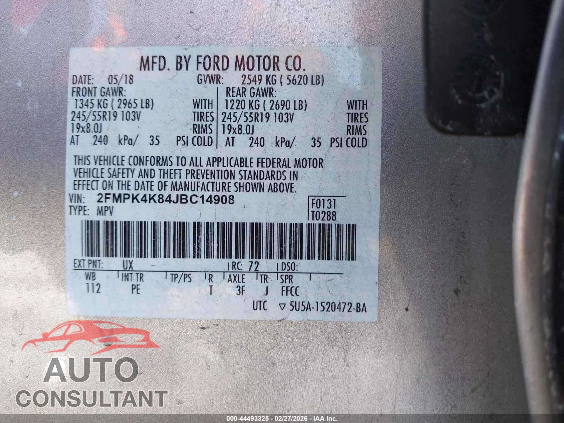 FORD EDGE 2018 - 2FMPK4K84JBC14908
