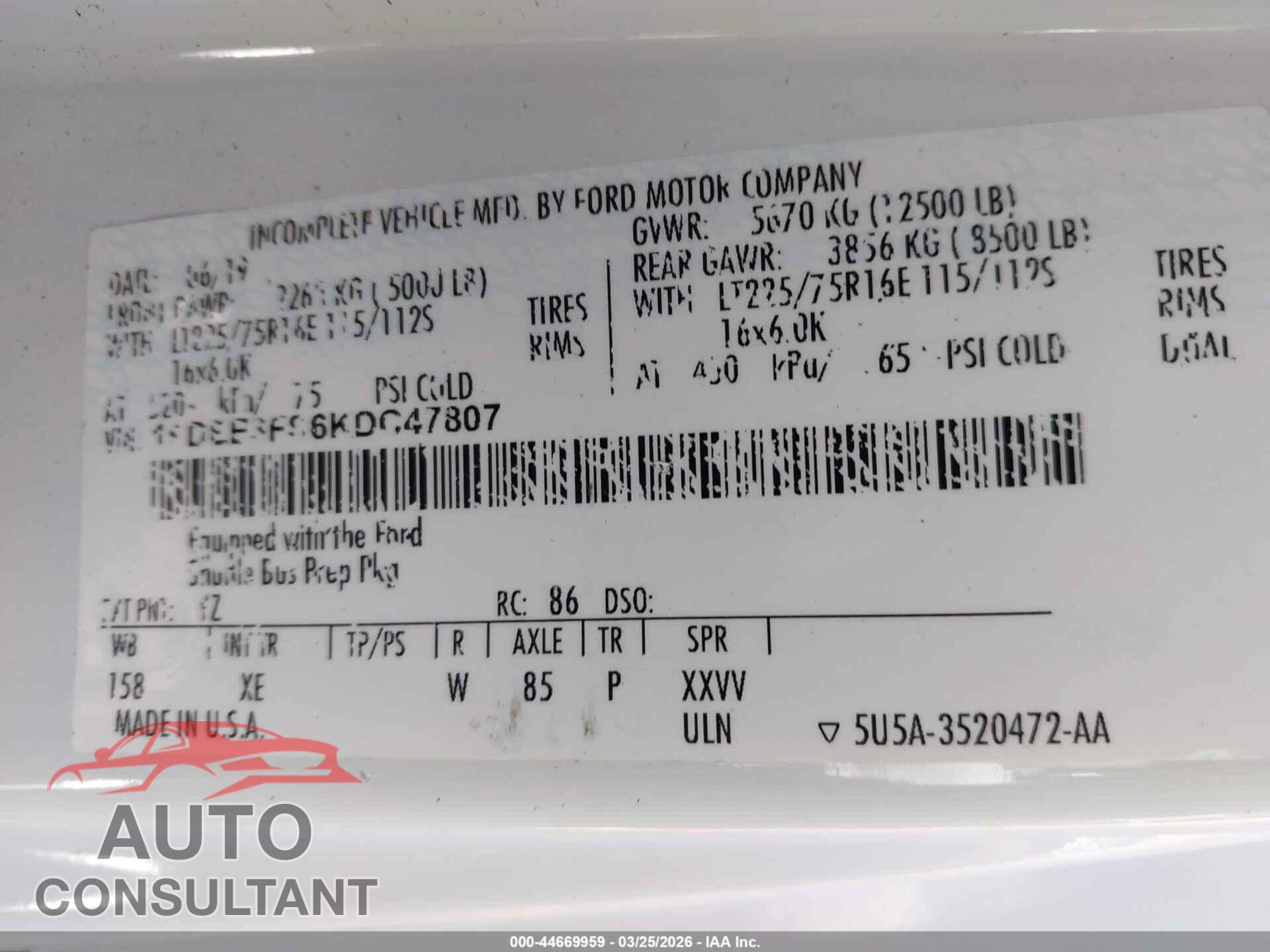 FORD E-350 CUTAWAY 2019 - 1FDEE3FS6KDC47807