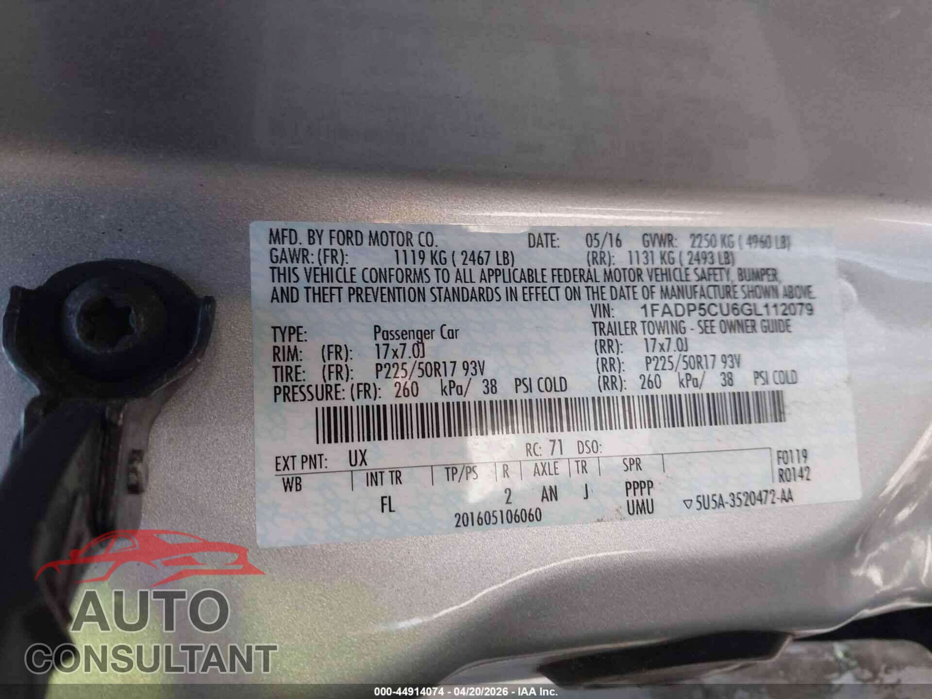 FORD C-MAX ENERGI 2016 - 1FADP5CU6GL112079