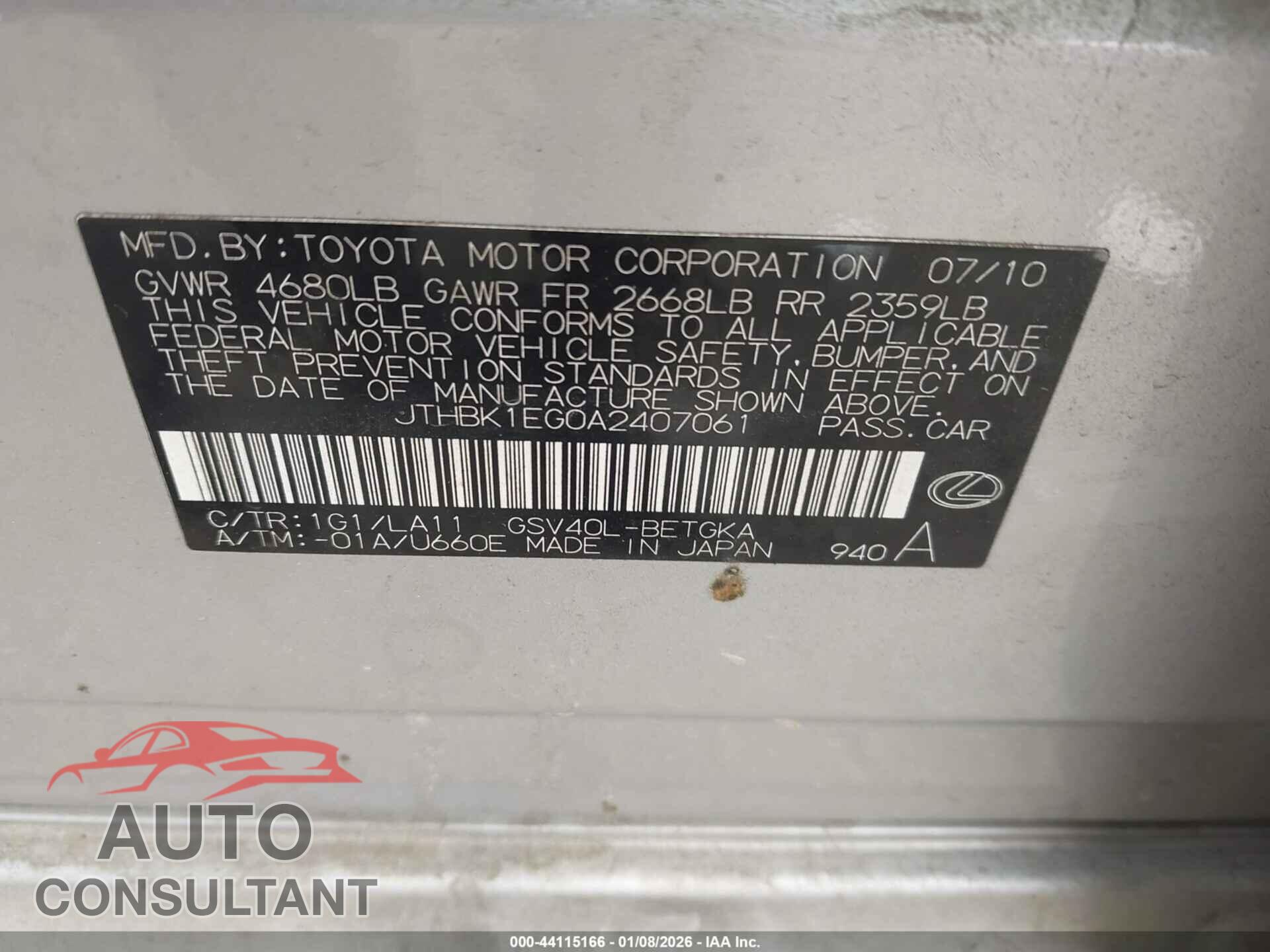 LEXUS ES 350 2010 - JTHBK1EG0A2407061