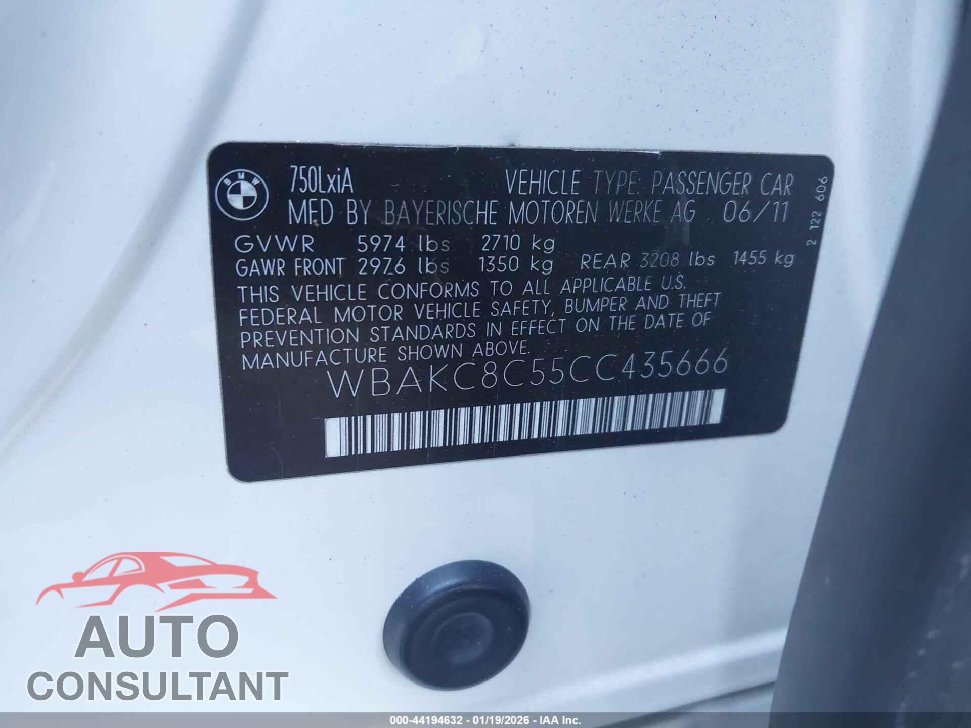 BMW 750LI 2012 - WBAKC8C55CC435666