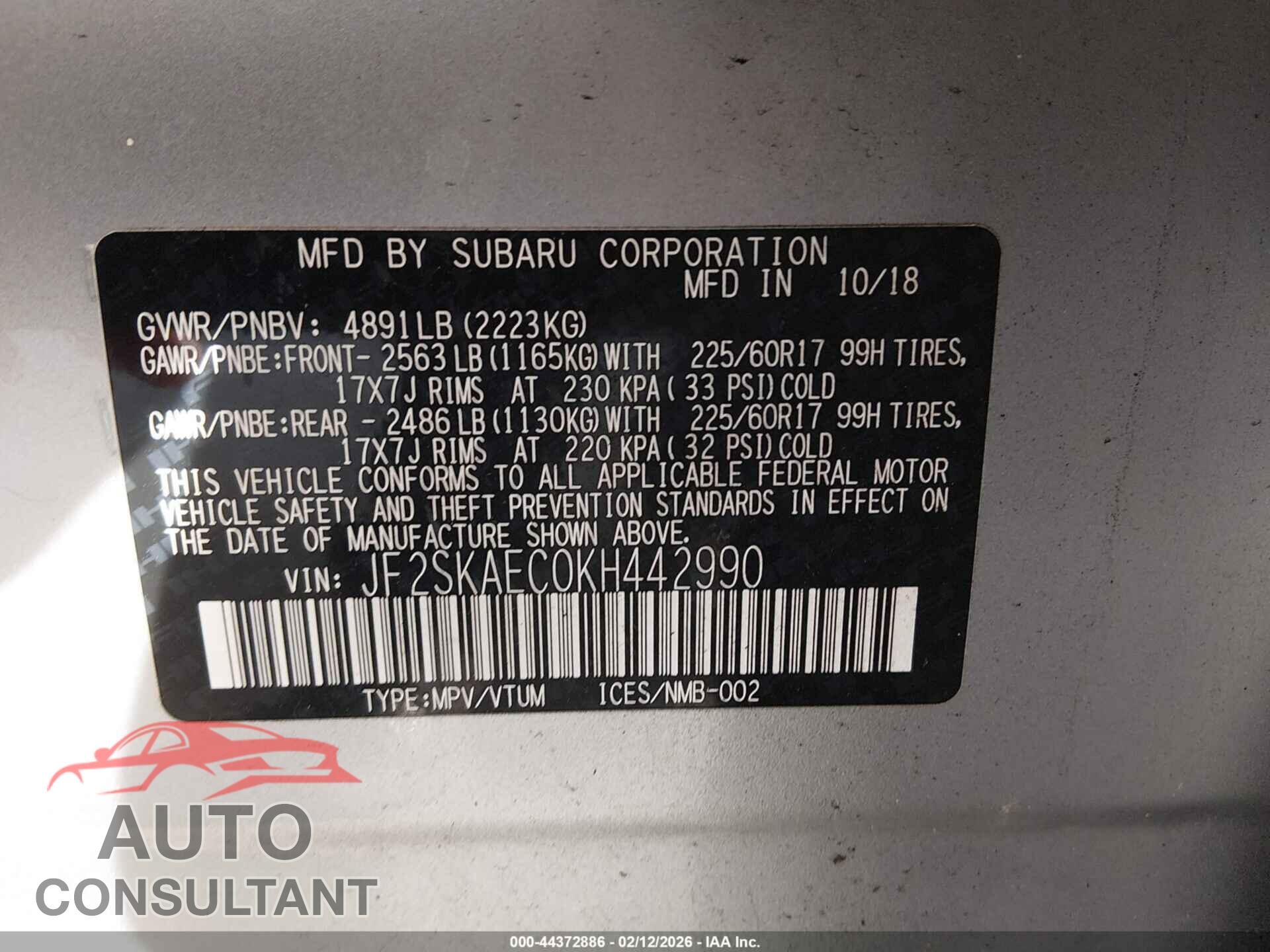 SUBARU FORESTER 2019 - JF2SKAEC0KH442990