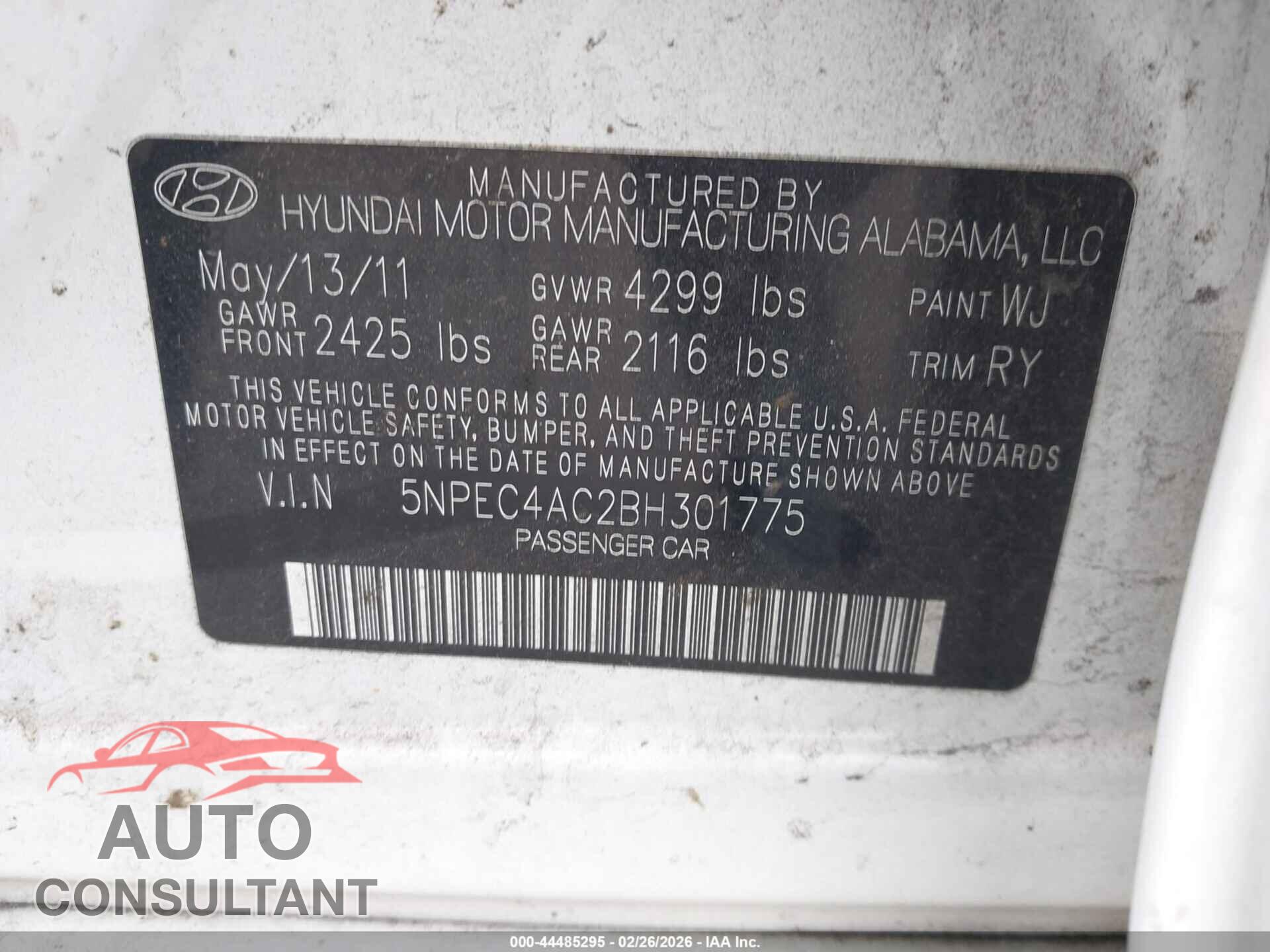 HYUNDAI SONATA 2011 - 5NPEC4AC2BH301775