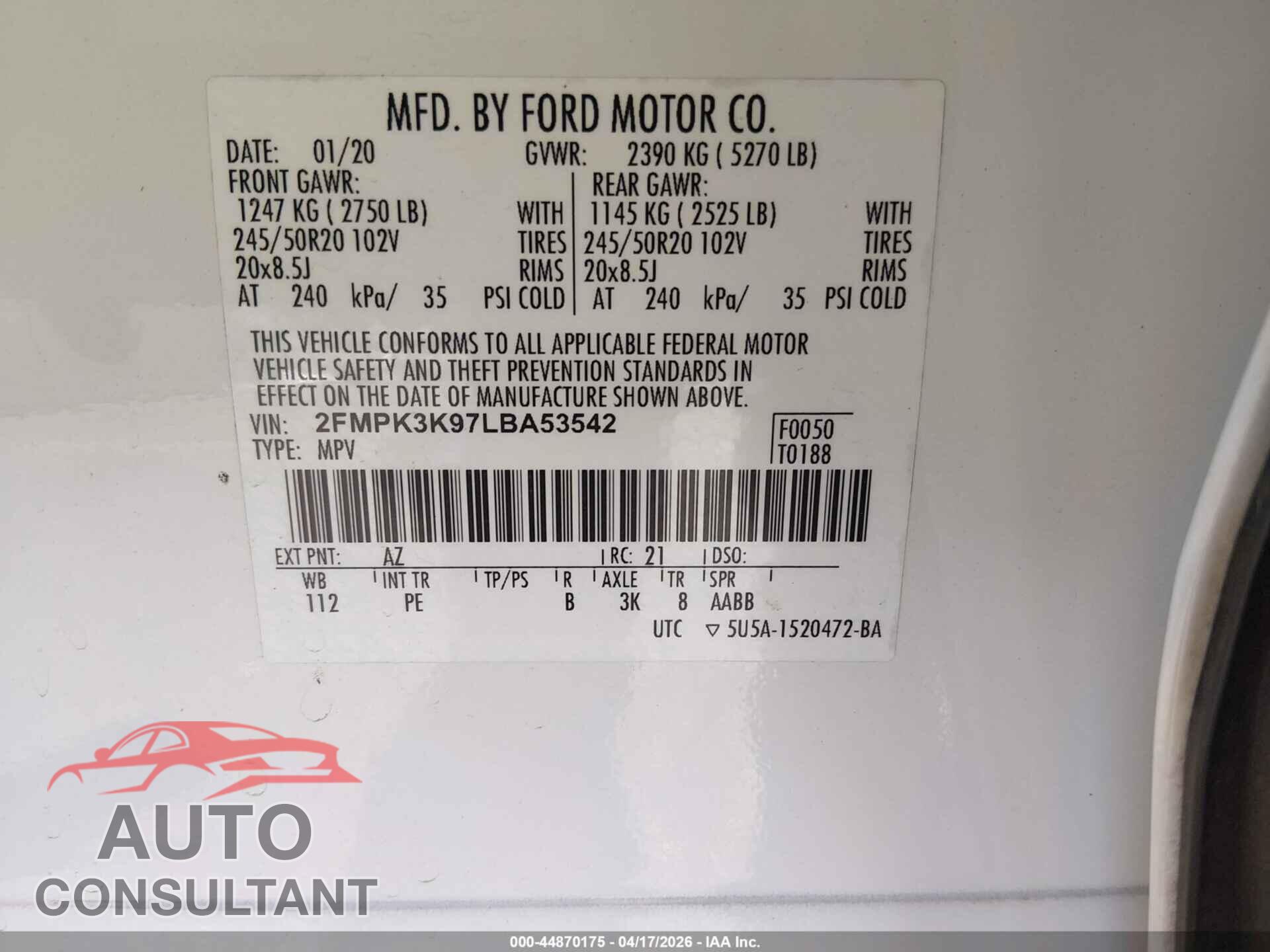 FORD EDGE 2020 - 2FMPK3K97LBA53542