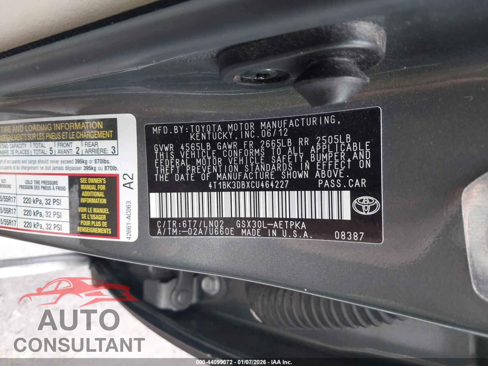 TOYOTA AVALON 2012 - 4T1BK3DBXCU464227