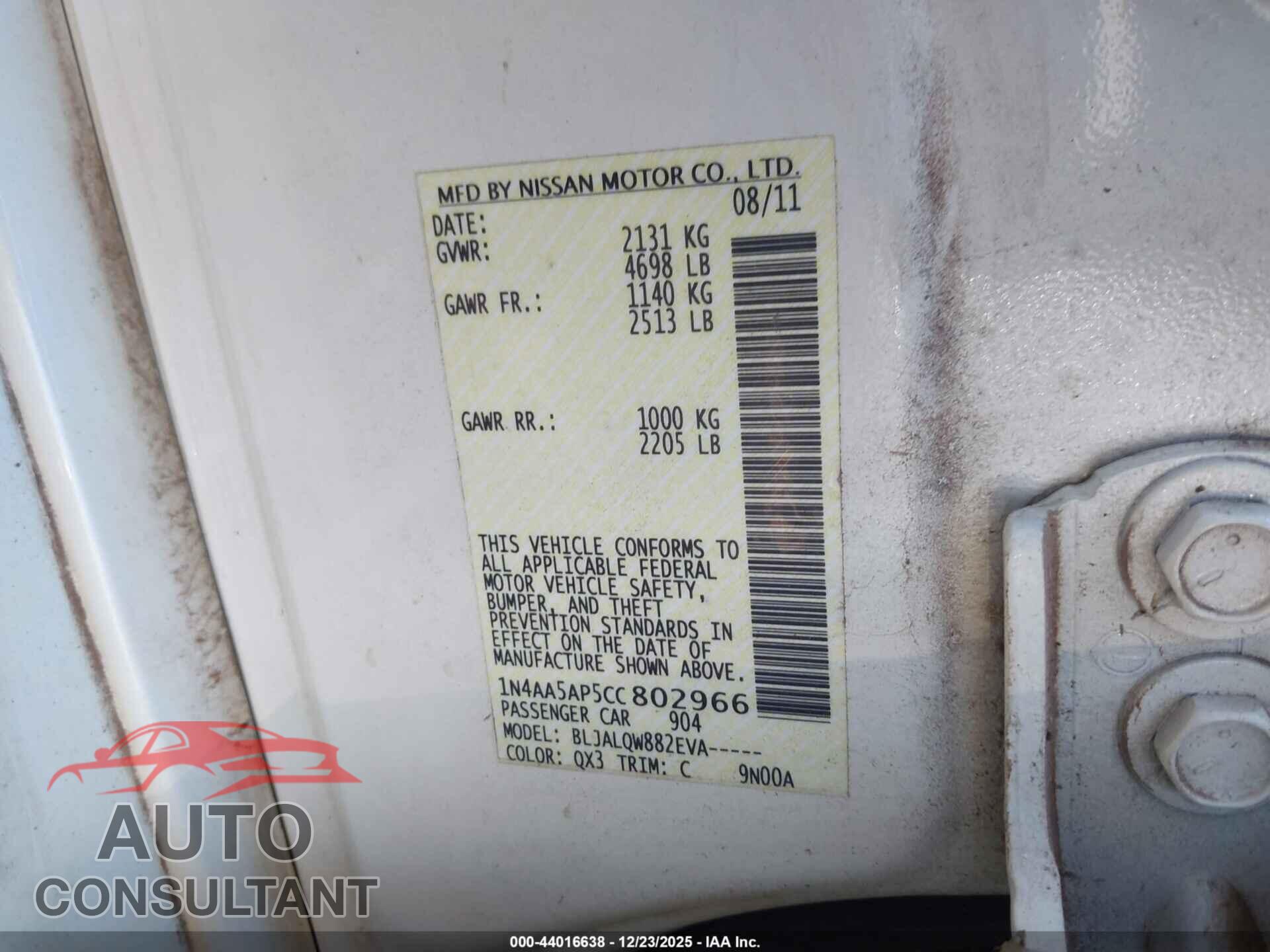 NISSAN MAXIMA 2012 - 1N4AA5AP5CC802966